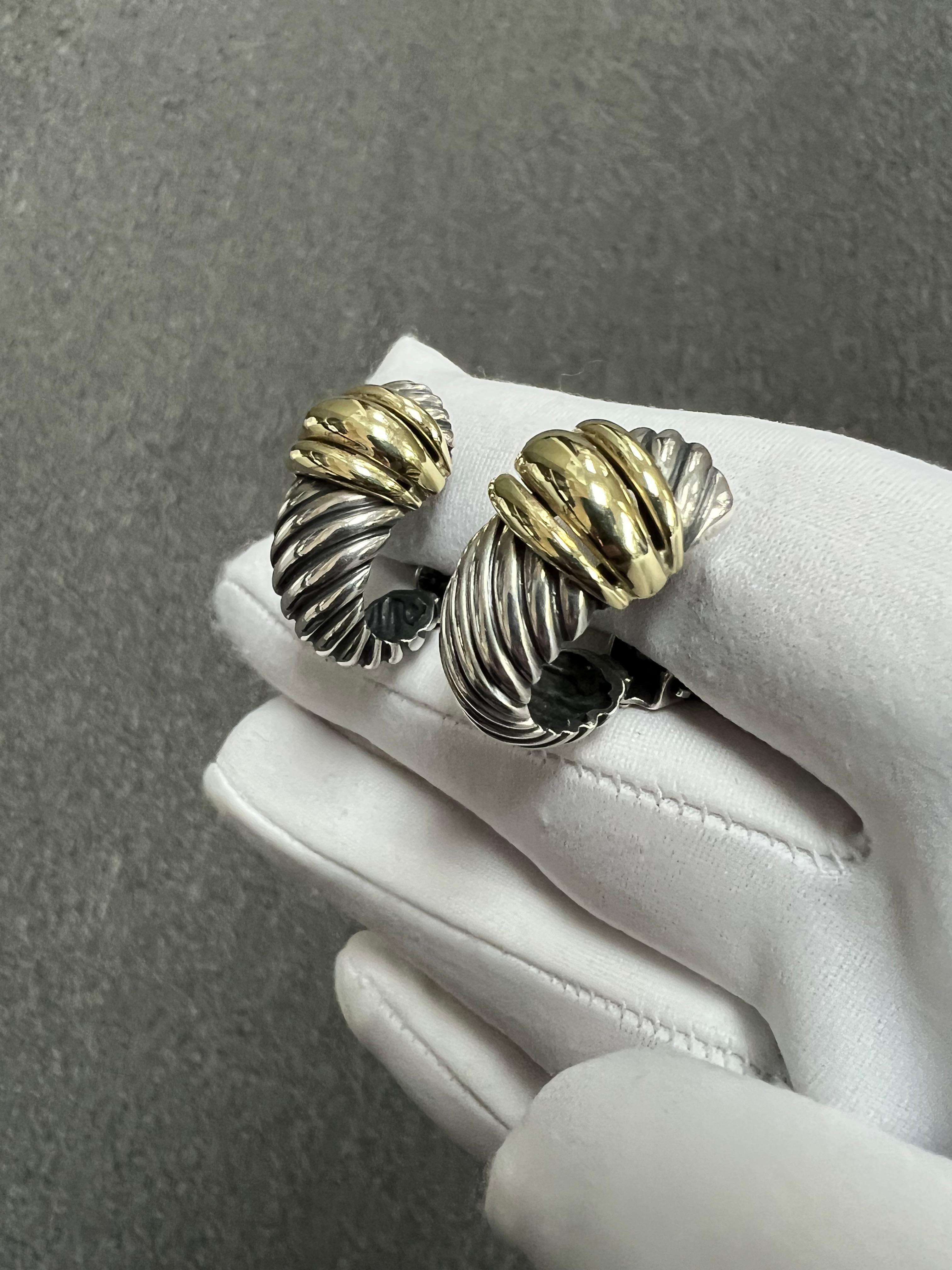 David Yurman Silver Gold J Hoop Clip On Earrings For Sale 6