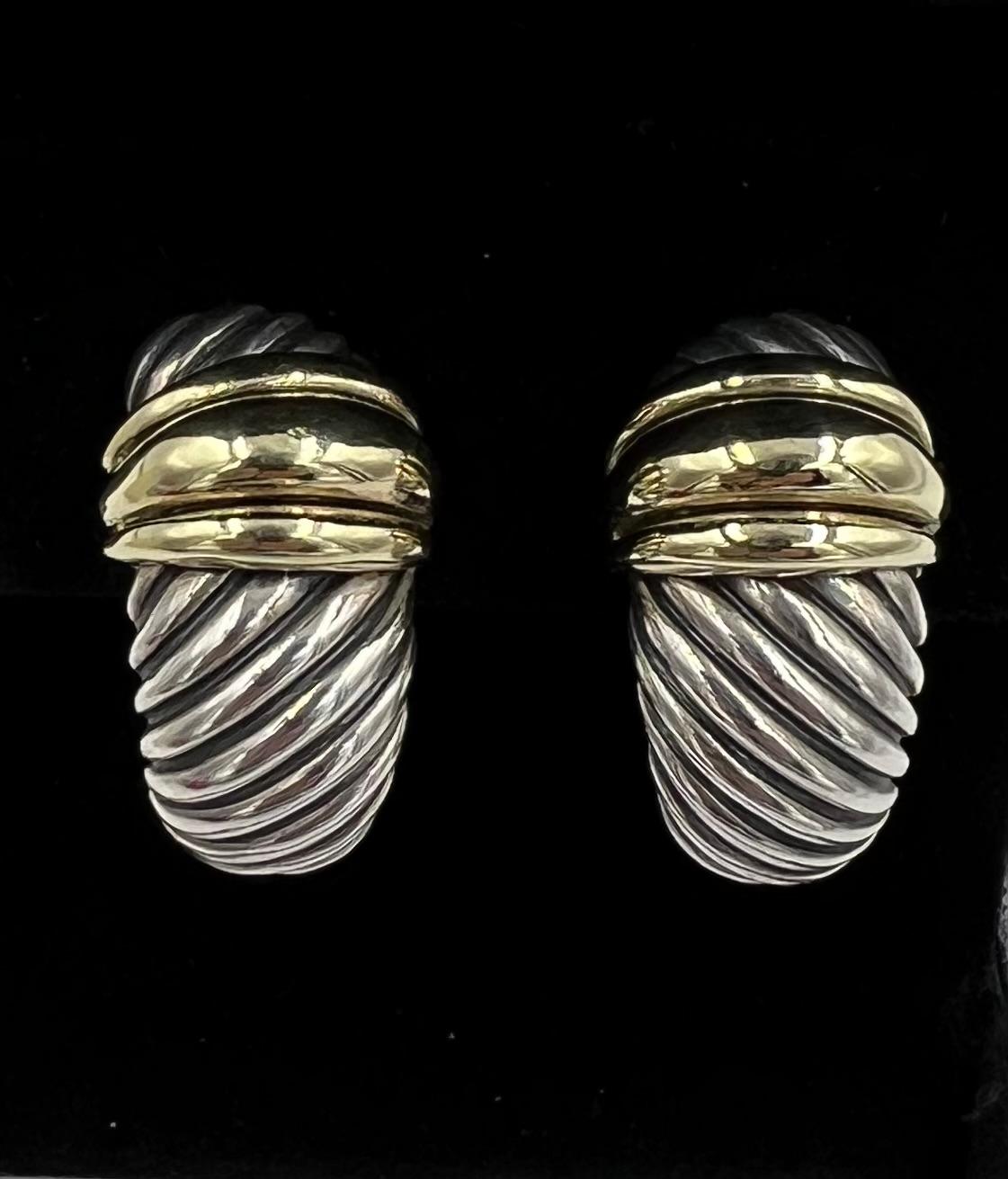 Women's or Men's David Yurman Silver Gold J Hoop Clip On Earrings For Sale