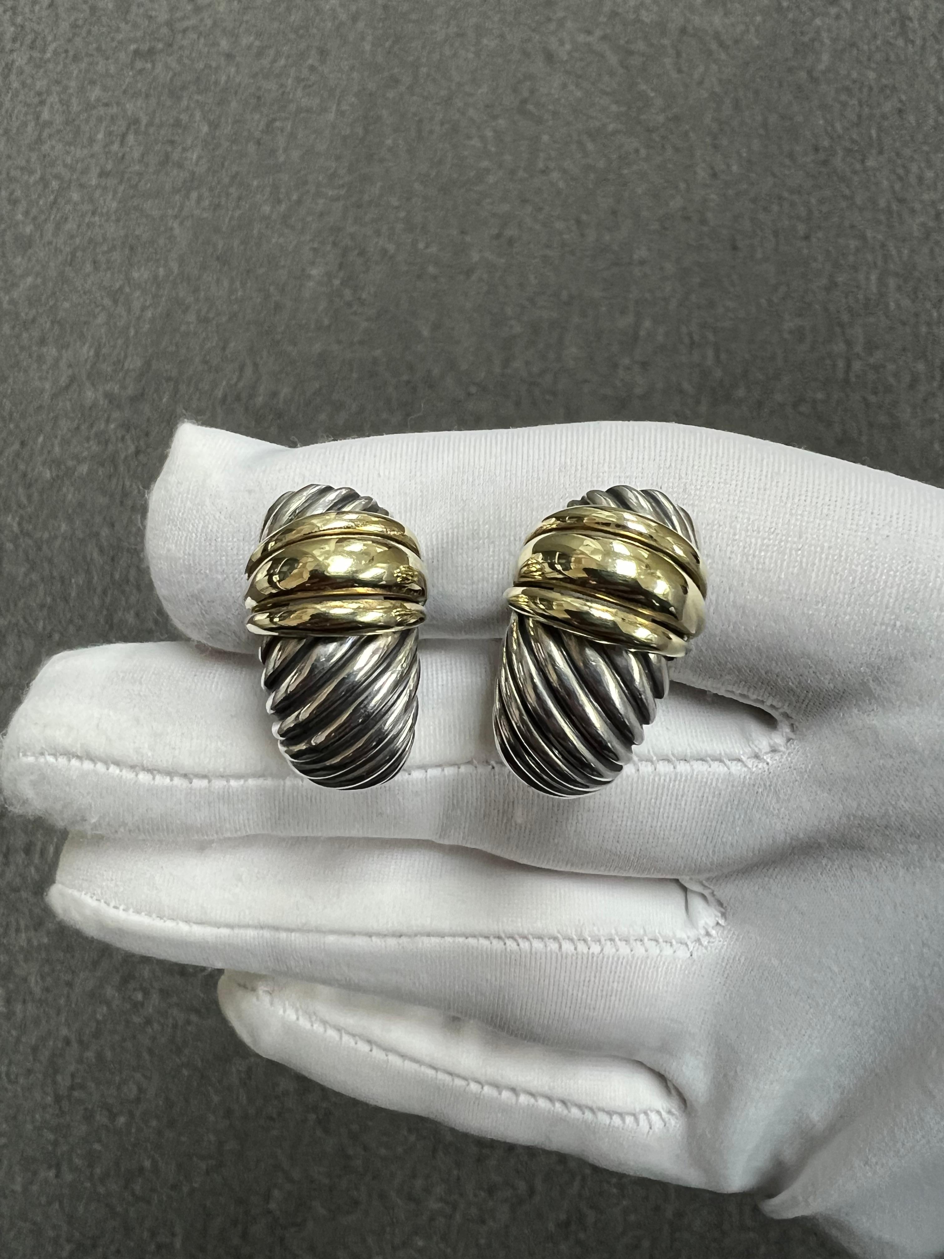 David Yurman Silver Gold J Hoop Clip On Earrings For Sale 4