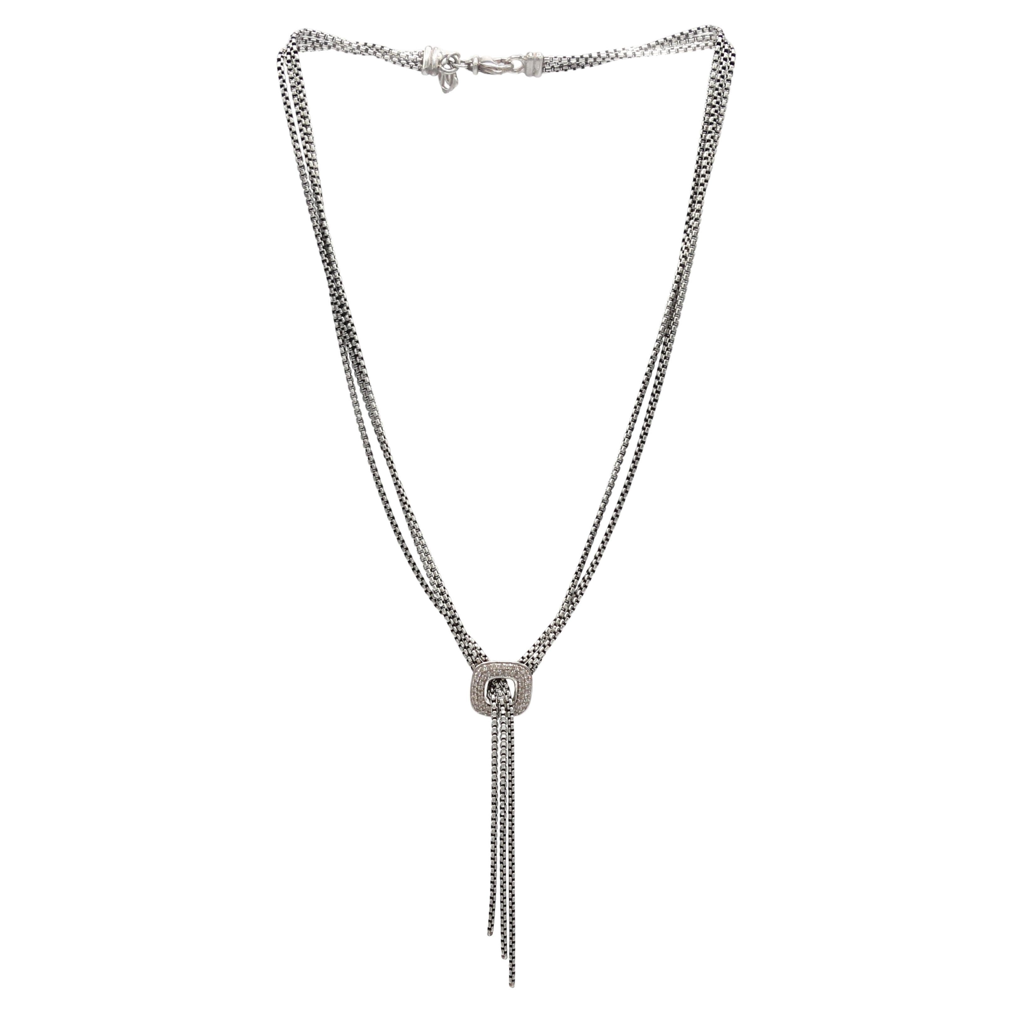 David Yurman Silver Multi-Row Natural Diamond Square Pendant Lariat Necklace