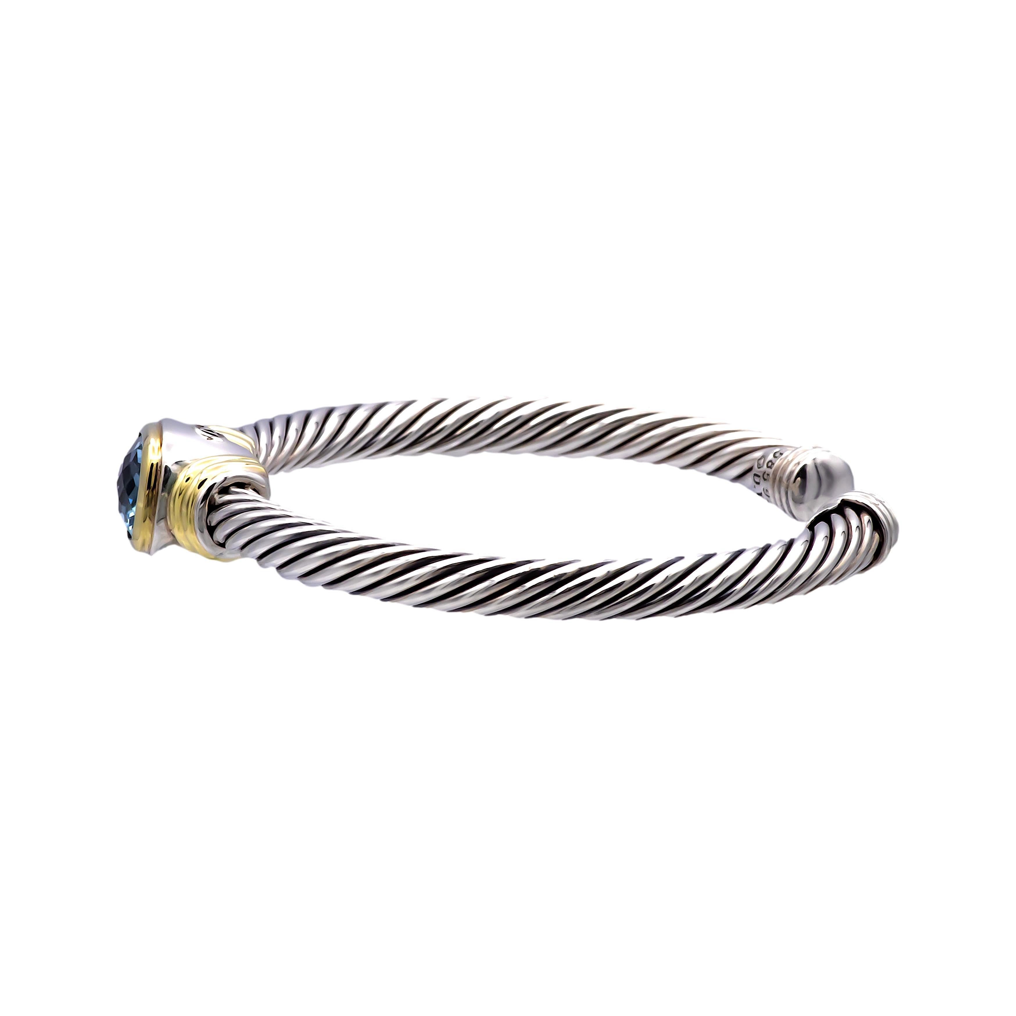 Offenes Manschettenarmband von David Yurman, Silber, edeles 14k Gold, Silber, Kabel, blauer Topas (Zeitgenössisch)