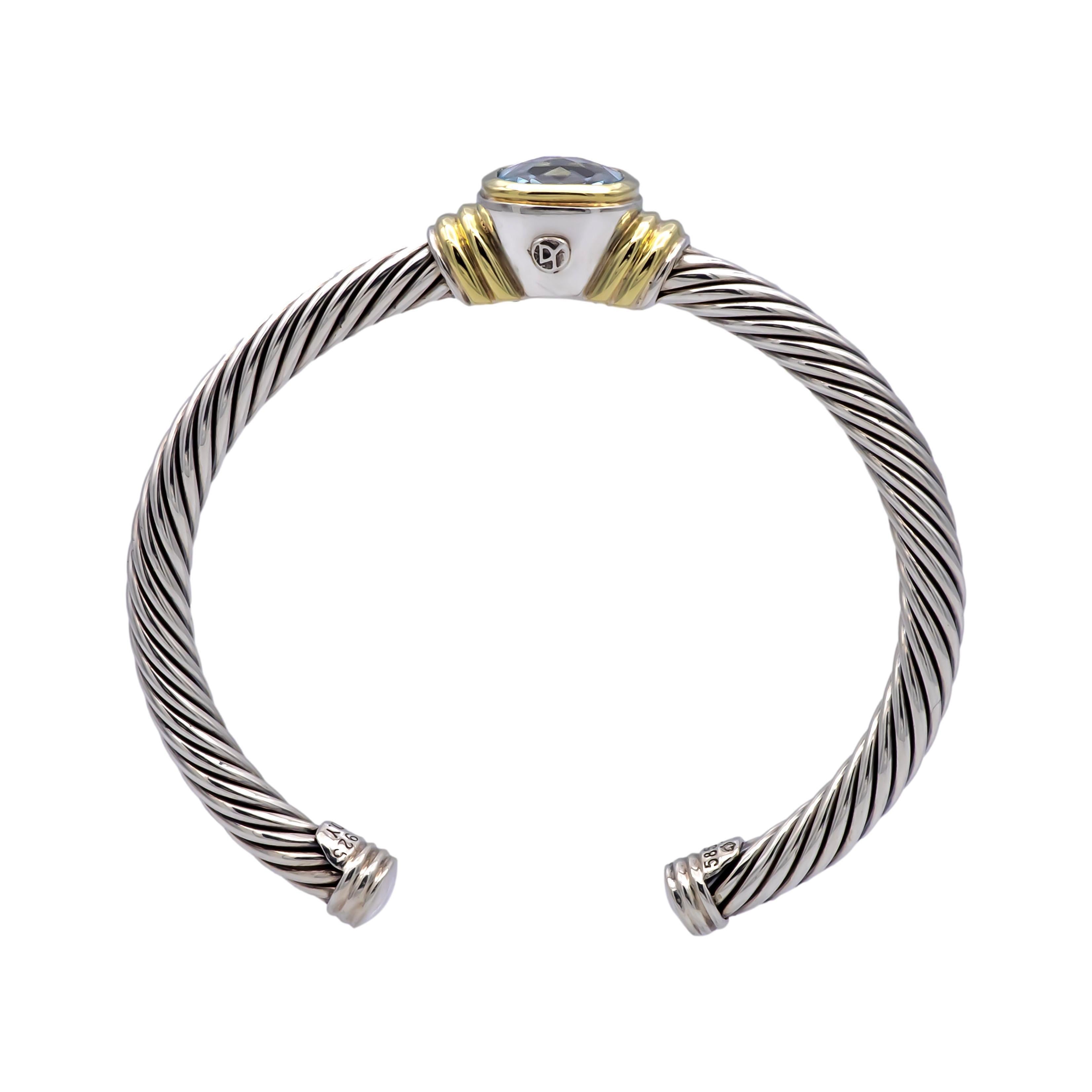 Offenes Manschettenarmband von David Yurman, Silber, edeles 14k Gold, Silber, Kabel, blauer Topas für Damen oder Herren