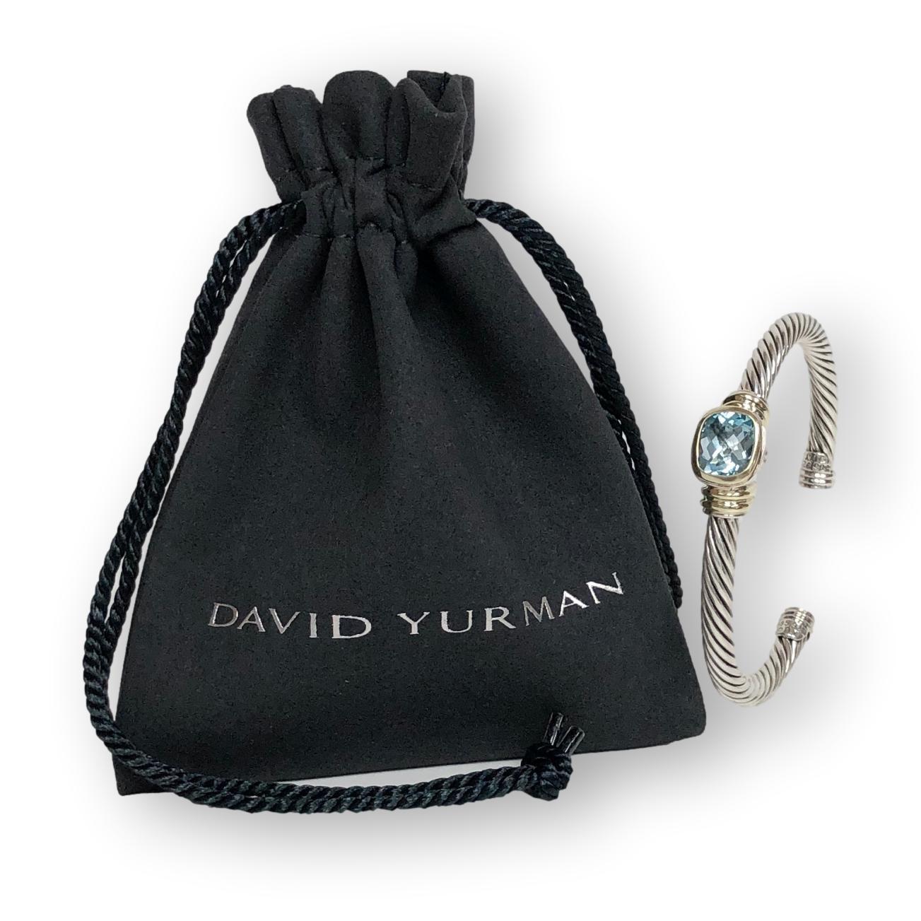 Women's or Men's David Yurman Silver Noblesse 14k Gold Silver Cable Blue Topaz Open Cuff Bracelet For Sale