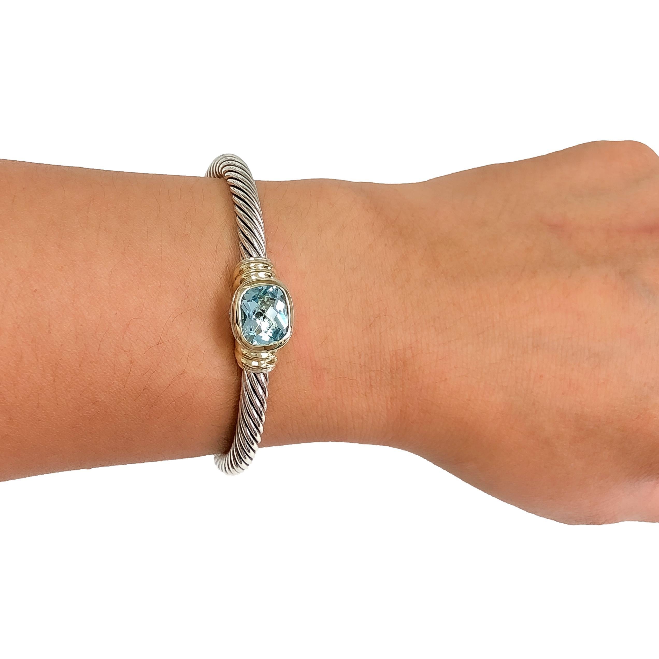 Offenes Manschettenarmband von David Yurman, Silber, edeles 14k Gold, Silber, Kabel, blauer Topas 3