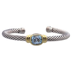 David Yurman Silver Noblesse 14k Gold Silver Cable Blue Topaz Open Cuff Bracelet