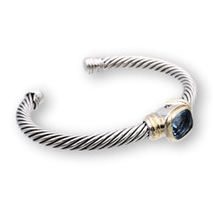 David Yurman Silver Noblesse 14k Yellow Gold Silver Cable Blue Topaz Open Cuff B