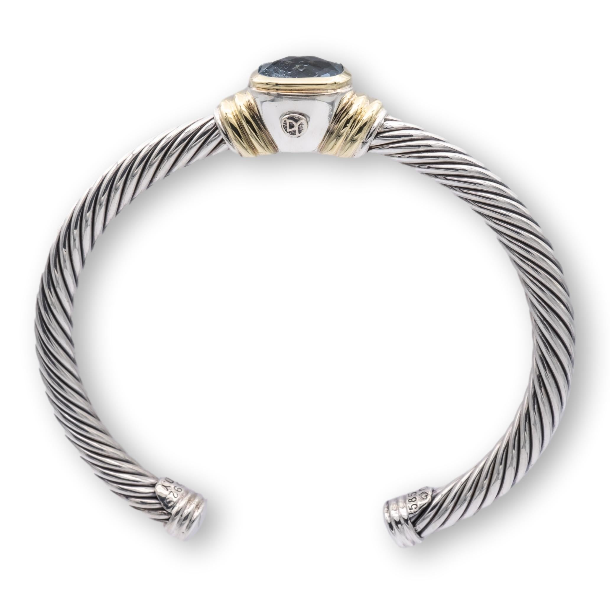 David Yurman Silver Noblesse 14k Yellow Gold Silver Cable Blue Topaz Open Cuff B In Excellent Condition In New York, NY