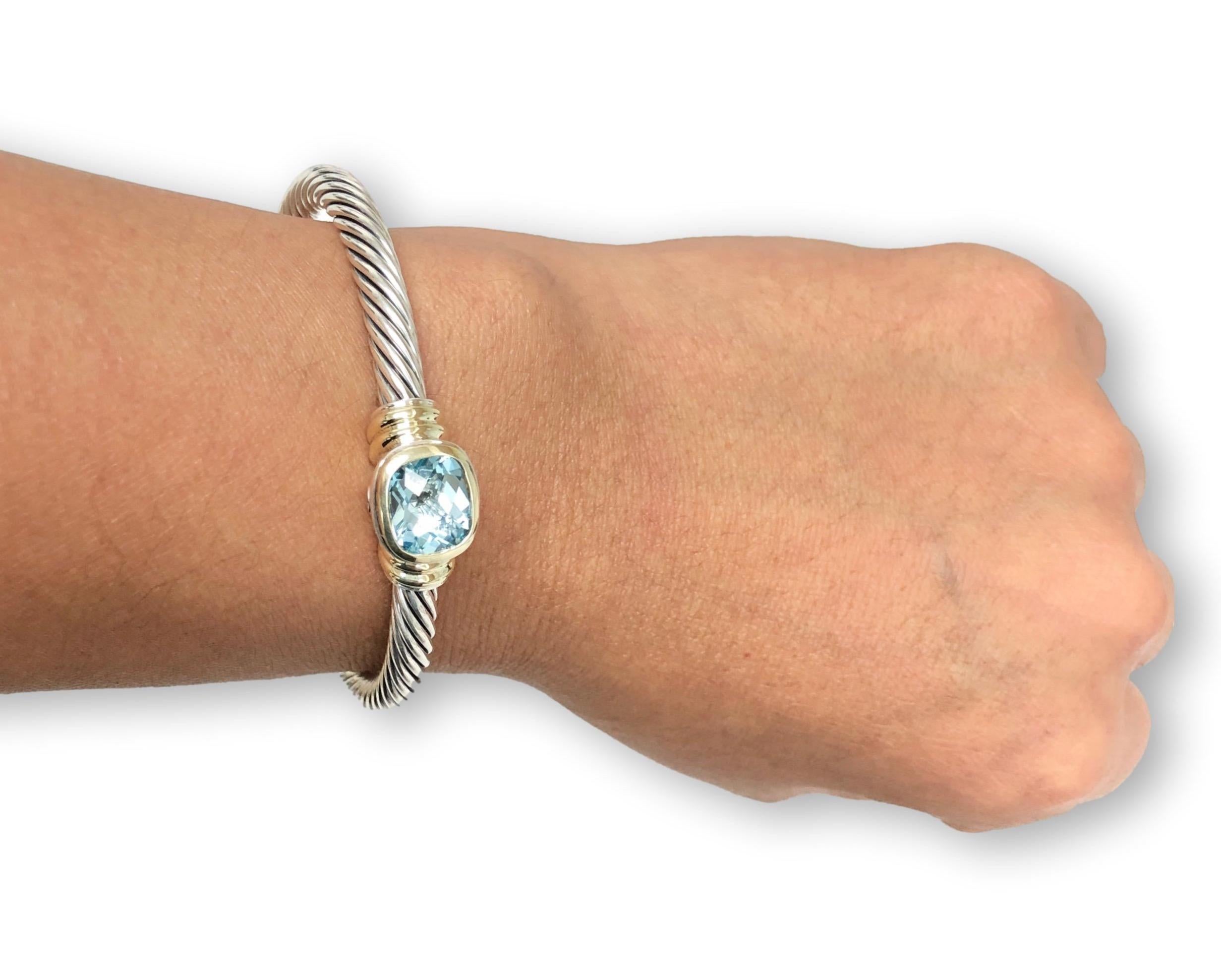 Women's or Men's David Yurman Silver Noblesse 14k Yellow Gold Silver Cable Blue Topaz Open Cuff B