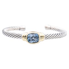 David Yurman Silver Noblesse 14k Yellow Gold Silver Cable Blue Topaz Open Cuff B