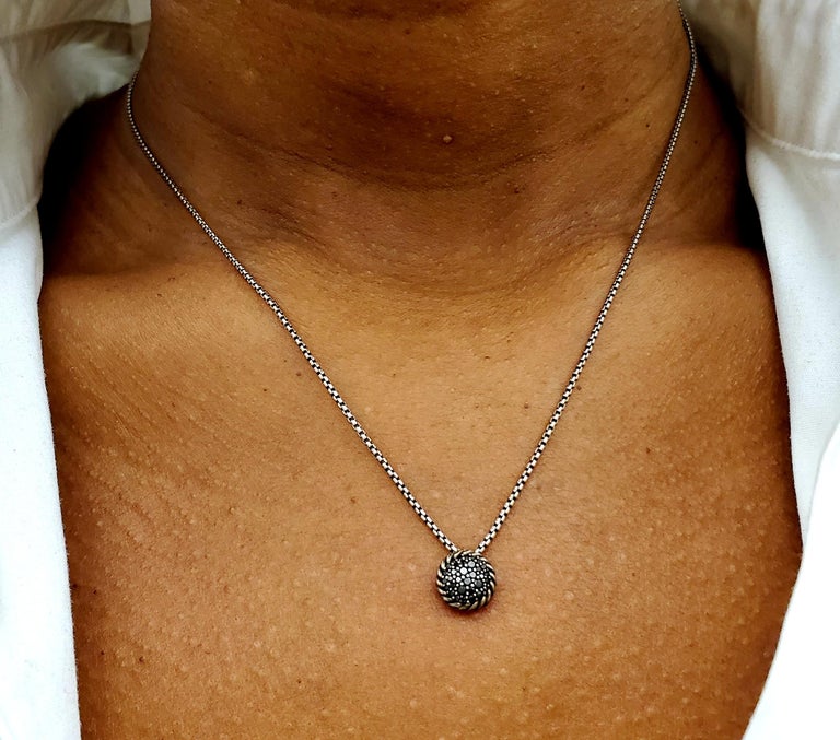 David Yurman Silver Petit Pavé Black Diamond Pendant Necklace For Sale