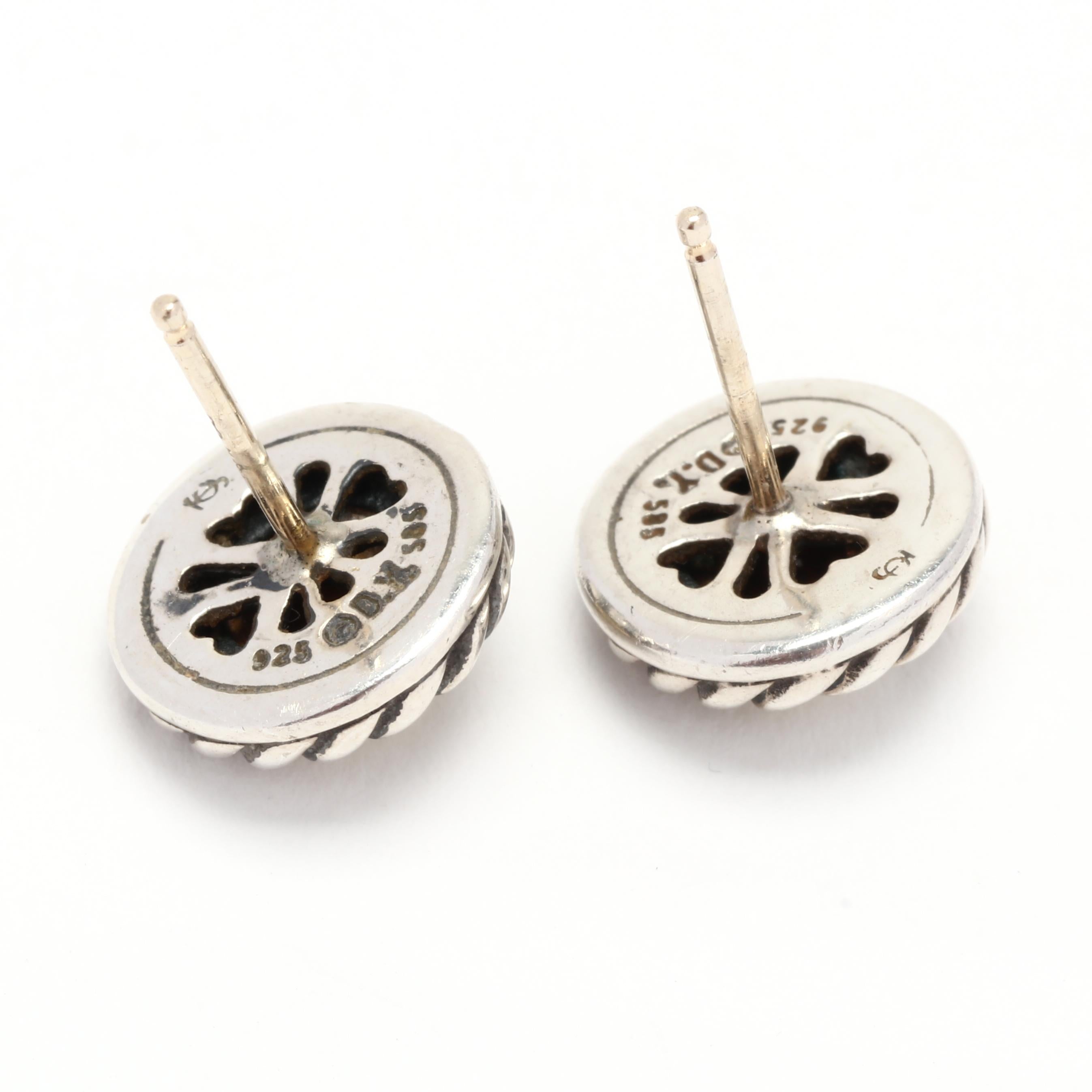 These David Yurman small cookie stud earrings are a chic and versatile accessory for any jewelry lover. Made from a combination of 14K yellow gold and sterling silver, these studs offer a beautiful contrast that adds visual interest to your look.