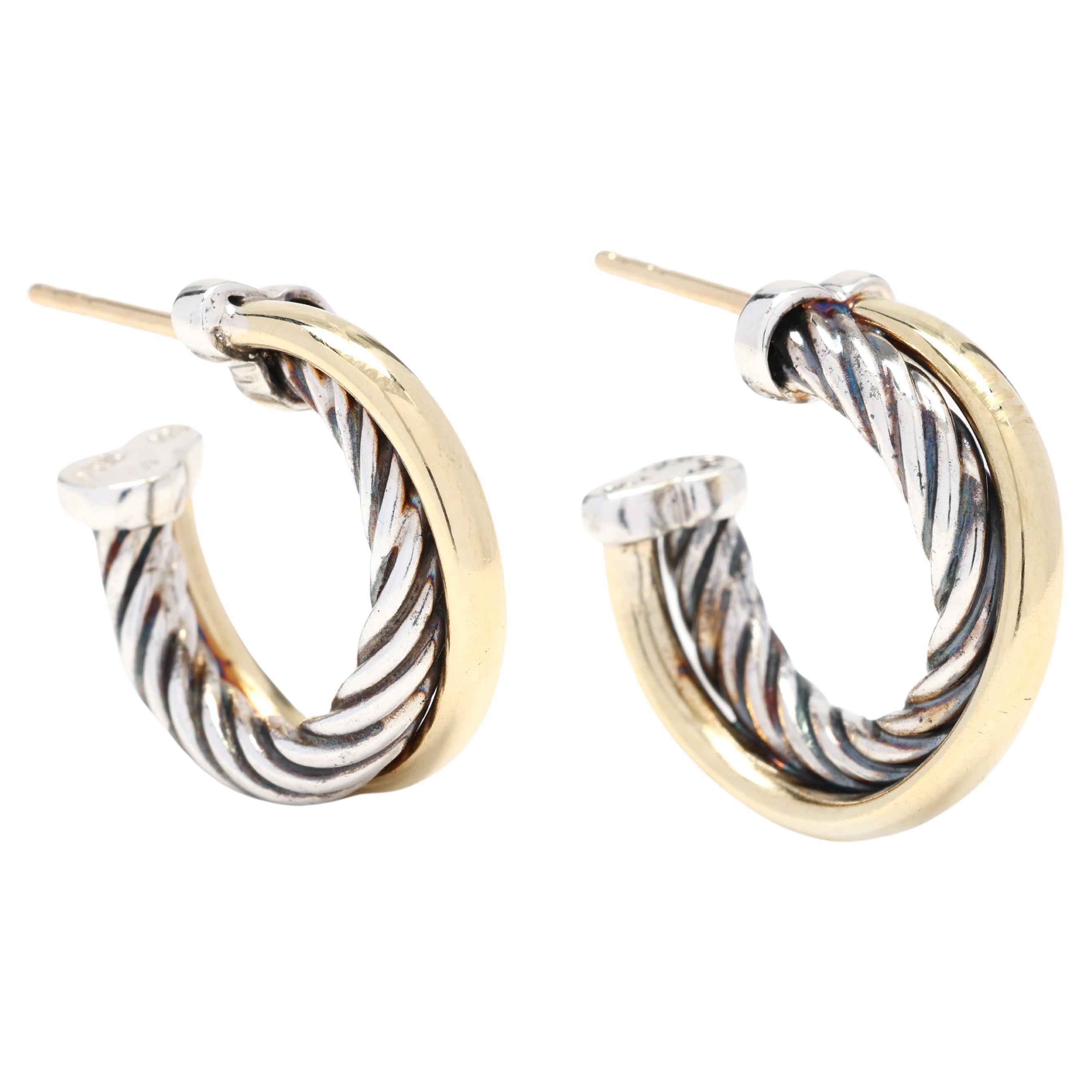 David Yurman Small Twisted Hoops, Sterling Silver and 18k Yellow Gold, Crossover