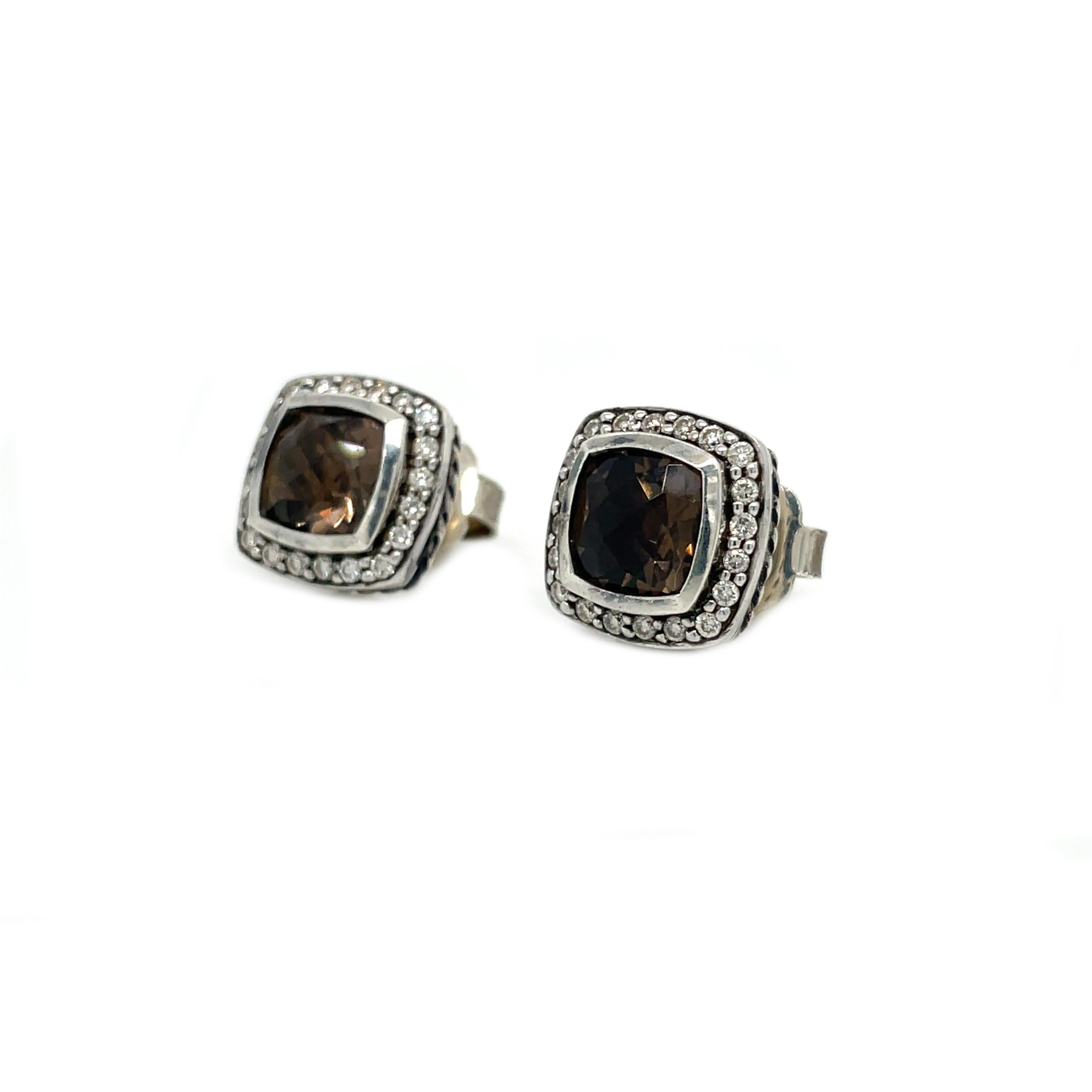 Square Cut David Yurman Smoky Quartz and Diamond Two-Tone Earrings