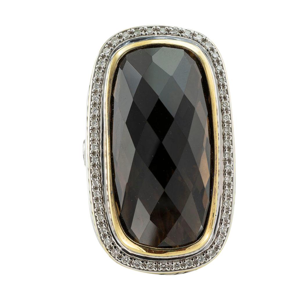 David Yurman smoky quartz diamonds silver and gold cocktail ring. *

ABOUT THIS ITEM:  If you are among the millions who adore David Yurman’s distinctive cable collection jewelry, this large-scale smoky quartz cocktail ring is for you.   It is a