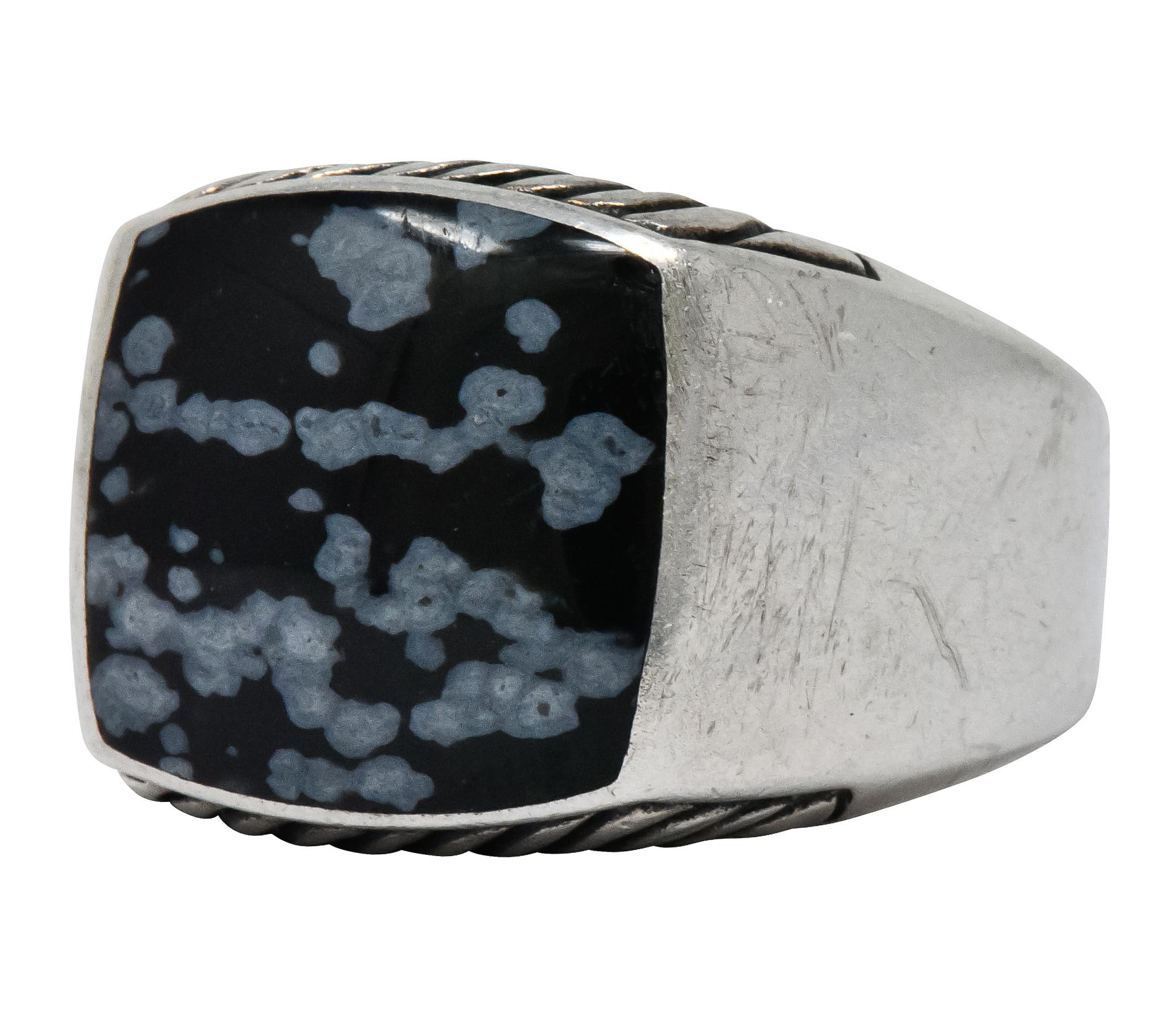 David Yurman Snowflake Obsidian Sterling Silver Men's Exotic Stone Ring In Excellent Condition In Philadelphia, PA