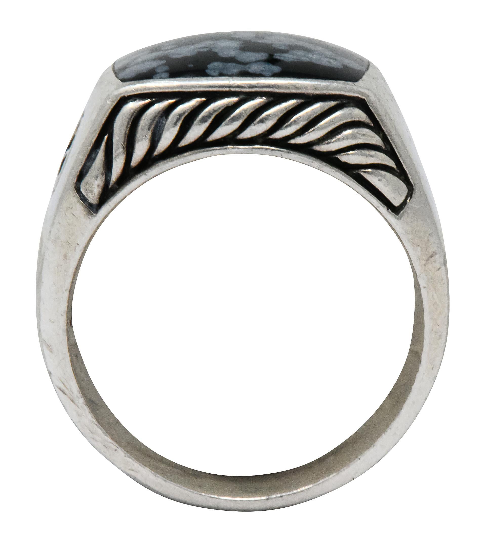 David Yurman Snowflake Obsidian Sterling Silver Men's Exotic Stone Ring In Excellent Condition In Philadelphia, PA