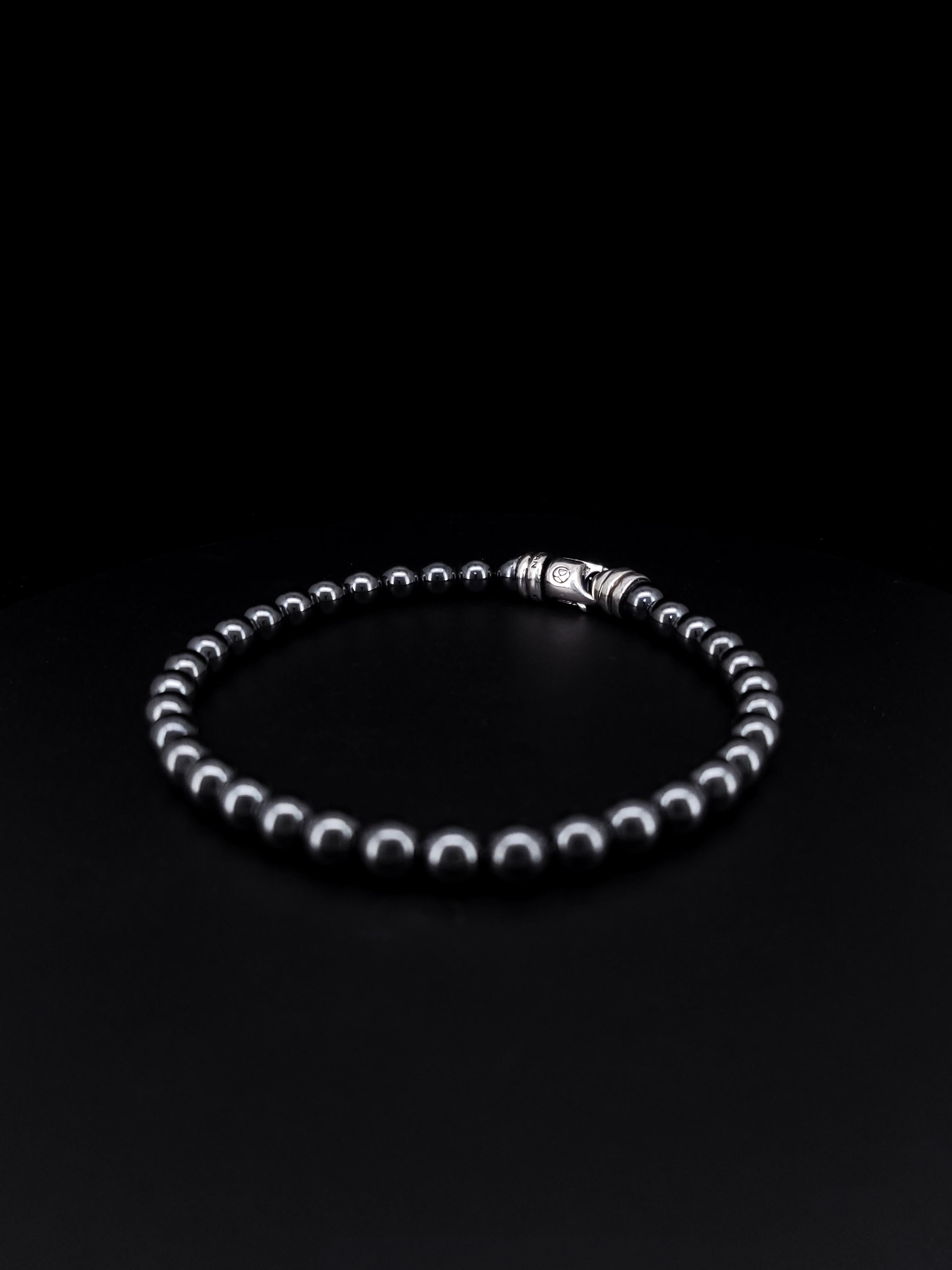 Inspired by the prayer beads found in many cultures, these meaningful designs feature a variety of smooth, vividly colored stones, representing the union of symbolism and style.
Sterling Silver
6mm Hematite Beads
7 3/4 inches Bracelet Length
Comes