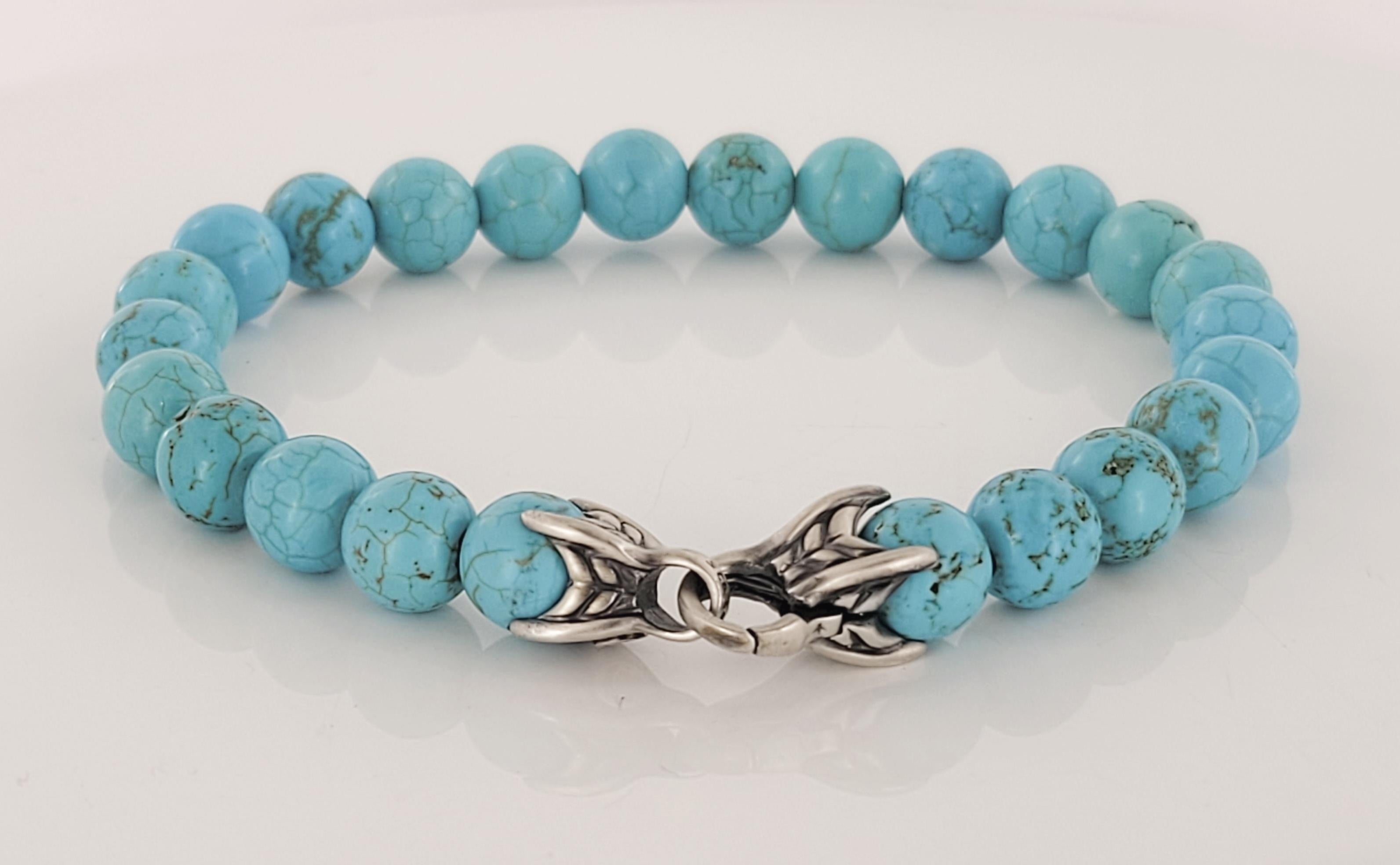 Taille ronde David Yurman, bracelet perles spirituelles avec perles turquoise, 8 mm en vente
