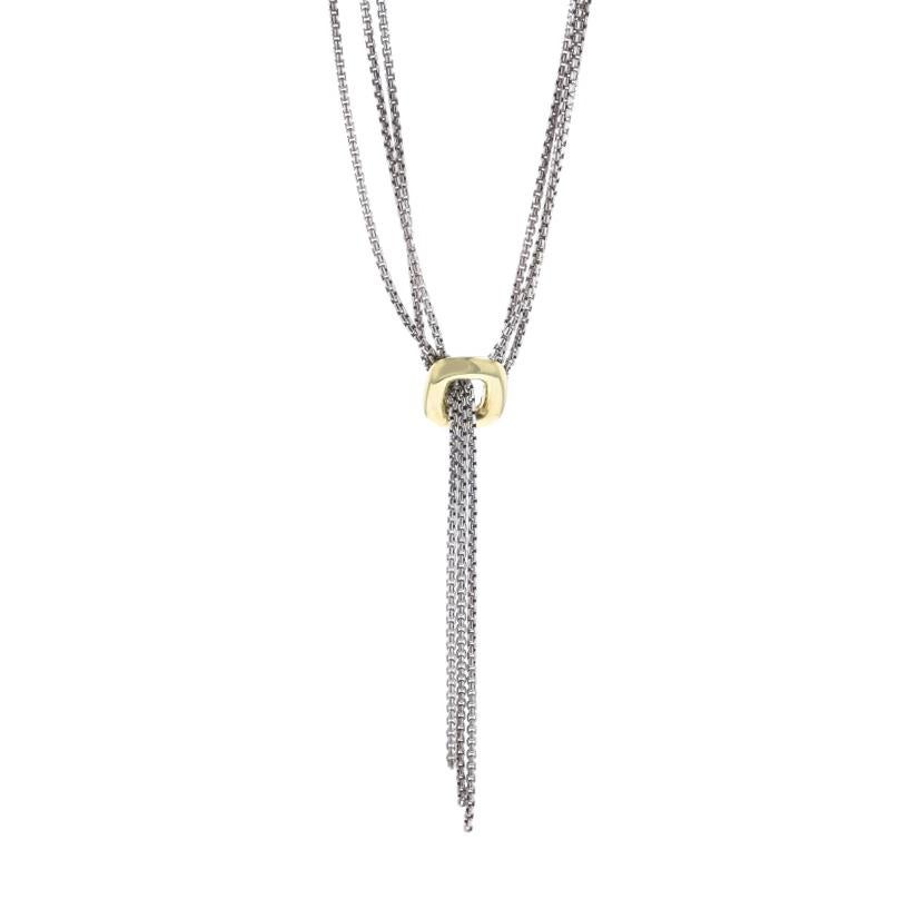Marke: David Yurman
Design/One:  Quadratisches Kissen Lariat Quaste

Metallgehalt: Sterling Silber & 18k Gelbgold

Kette Stil: Box
Halskette Stil: Kette Lariat
Verschluss-Typ: Karabinerhakenverschluss

Messungen

Länge: 15 3/4
