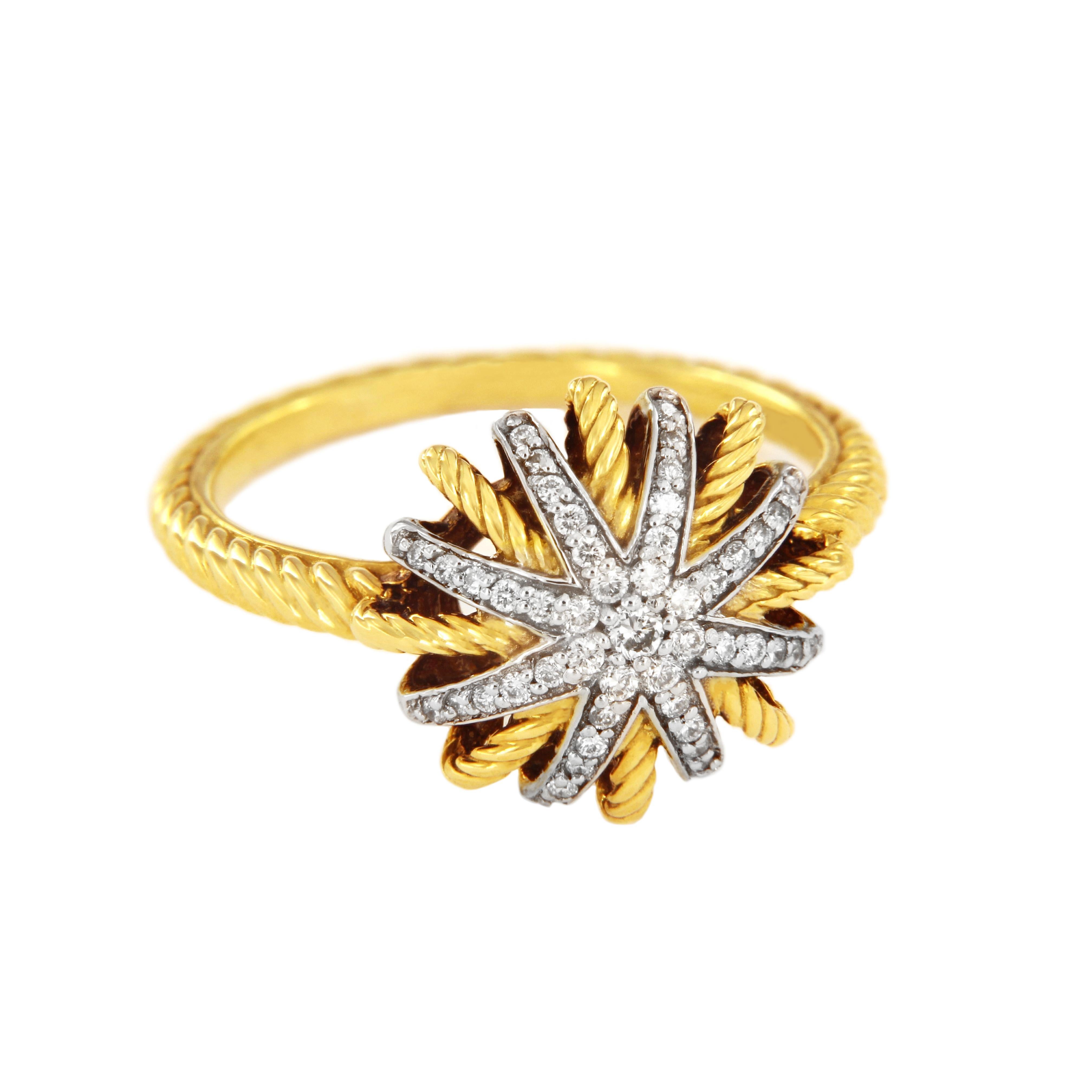 THE STARBURST COLLECTION

-Ring size: 6.25
-18-karat yellow gold 
-Pave diamond starburst, 0.17 total carat weight , 14 x 14mm
-Band, 2mm wide 

*David Yurman box included.

RETAIL: $2,300