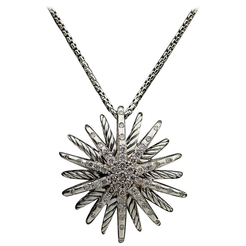 David Yurman Sterling Silver Medium Starburst Diamond Pendant Necklace
