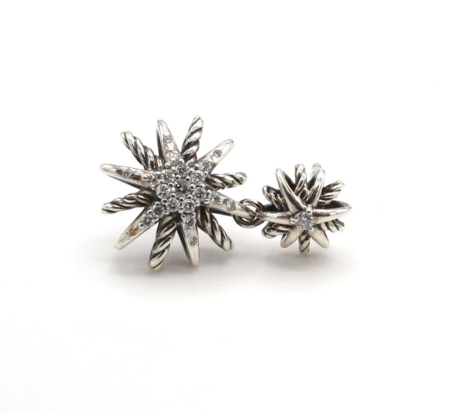 Modern David Yurman Starburst Sterling Silver & Diamond Drop Earrings