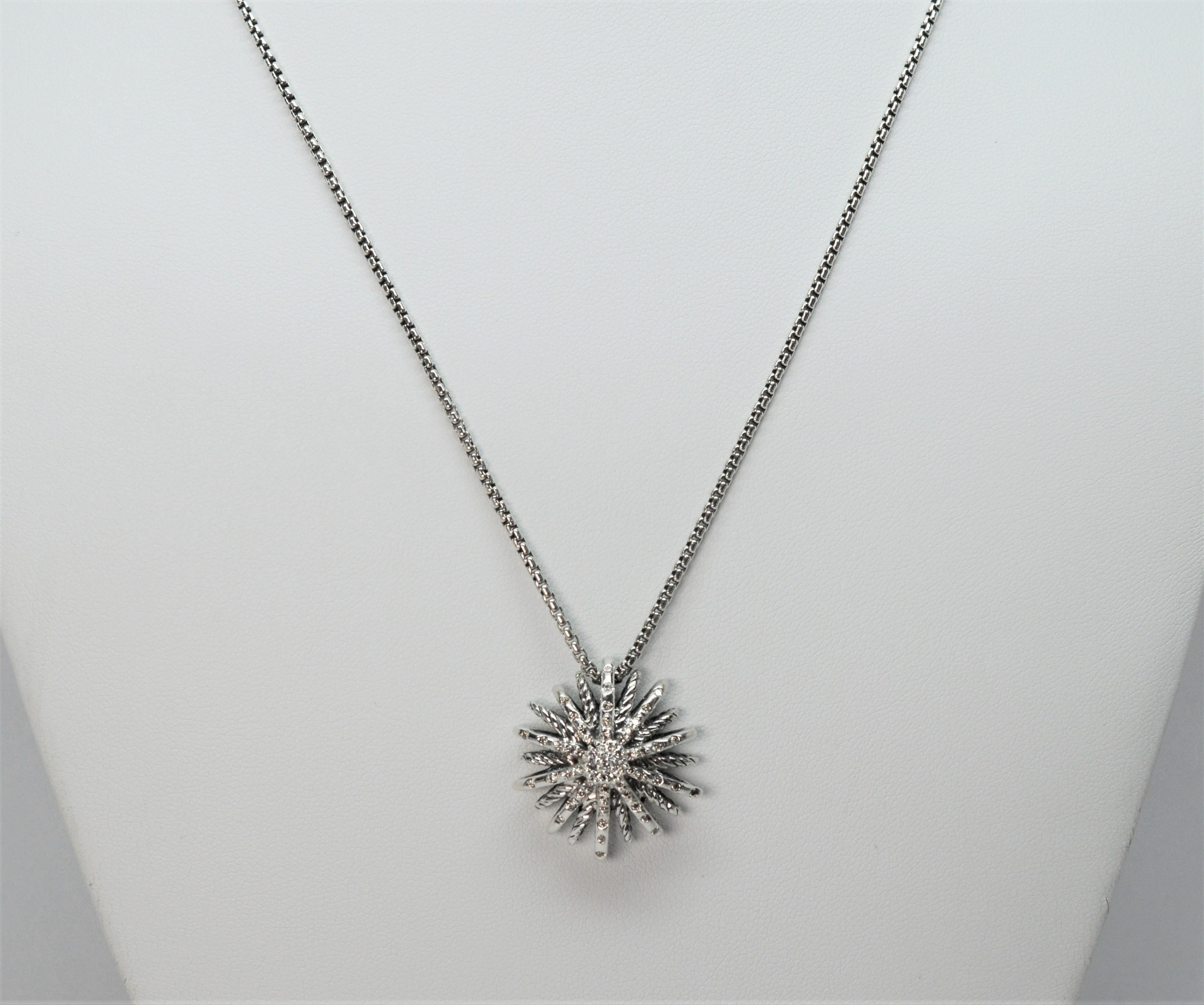 Round Cut David Yurman Starburst Sterling Silver Diamond Pendant Necklace For Sale