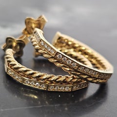 David Yurman Stax Diamond Hoop Earrings 18k Yellow Gold 9.4g 7/8"