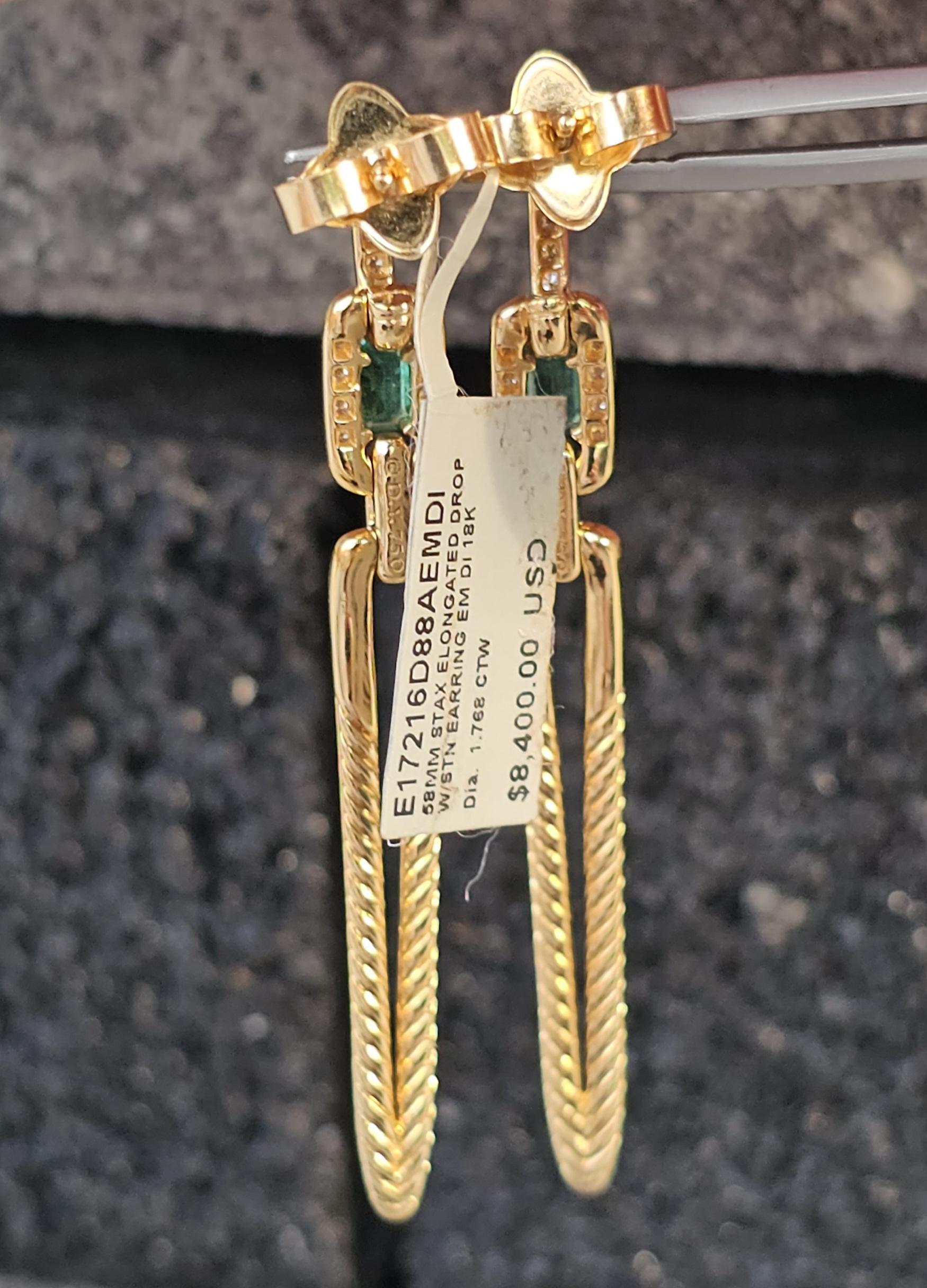 Taille émeraude David Yurman Stax Emerald Diamond Earrings Dangle Drop 18k Gold 9400 en vente