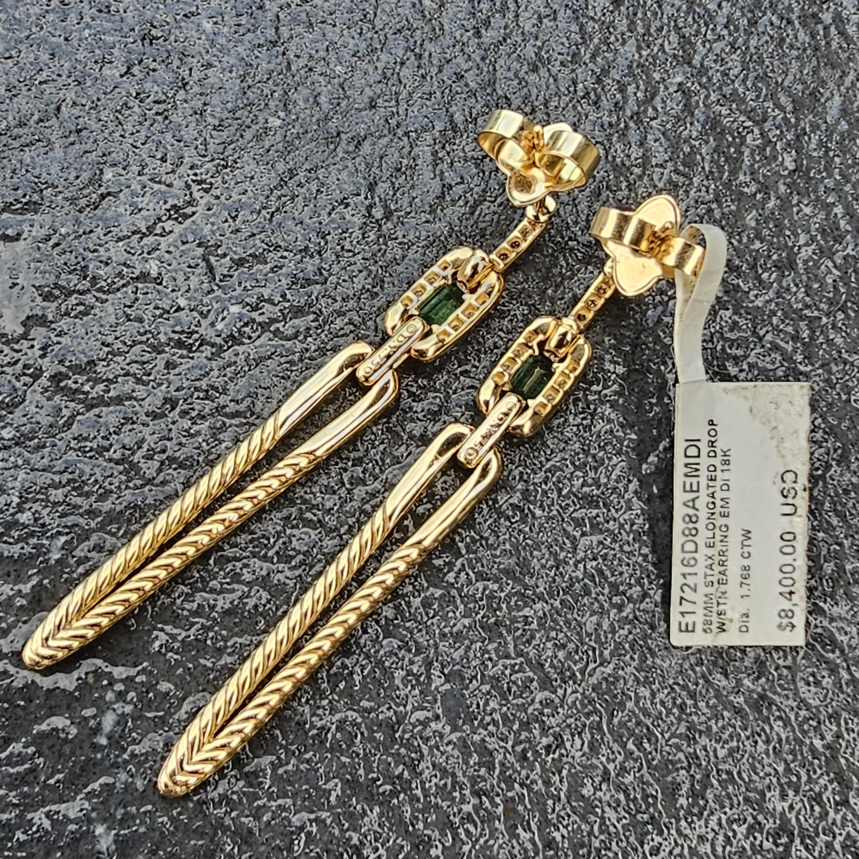 David Yurman Stax Emerald Diamond Earrings Dangle Drop 18k Gold 9400 en vente 4