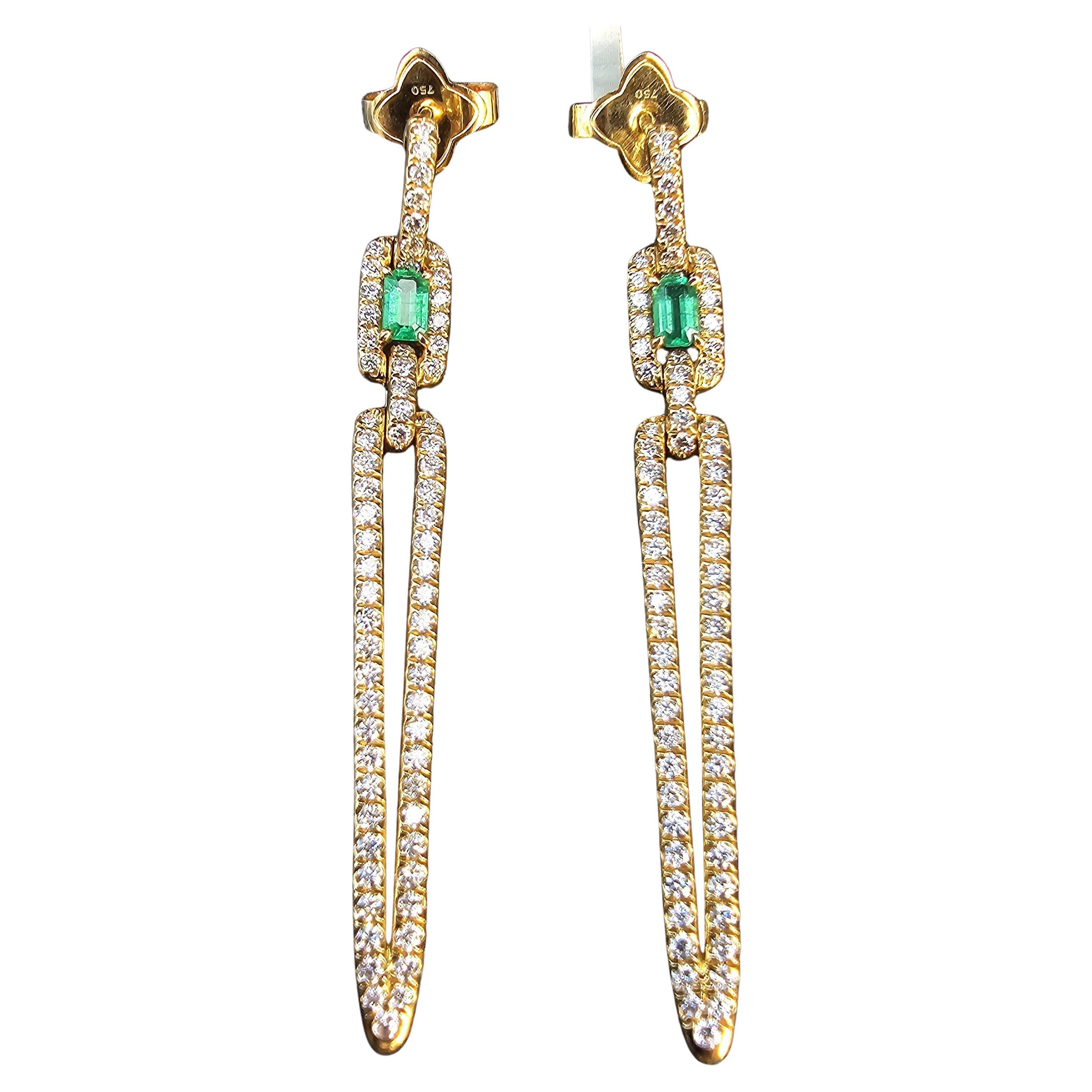 David Yurman Stax Emerald Diamond Earrings Dangle Drop 18k Gold 9400 en vente
