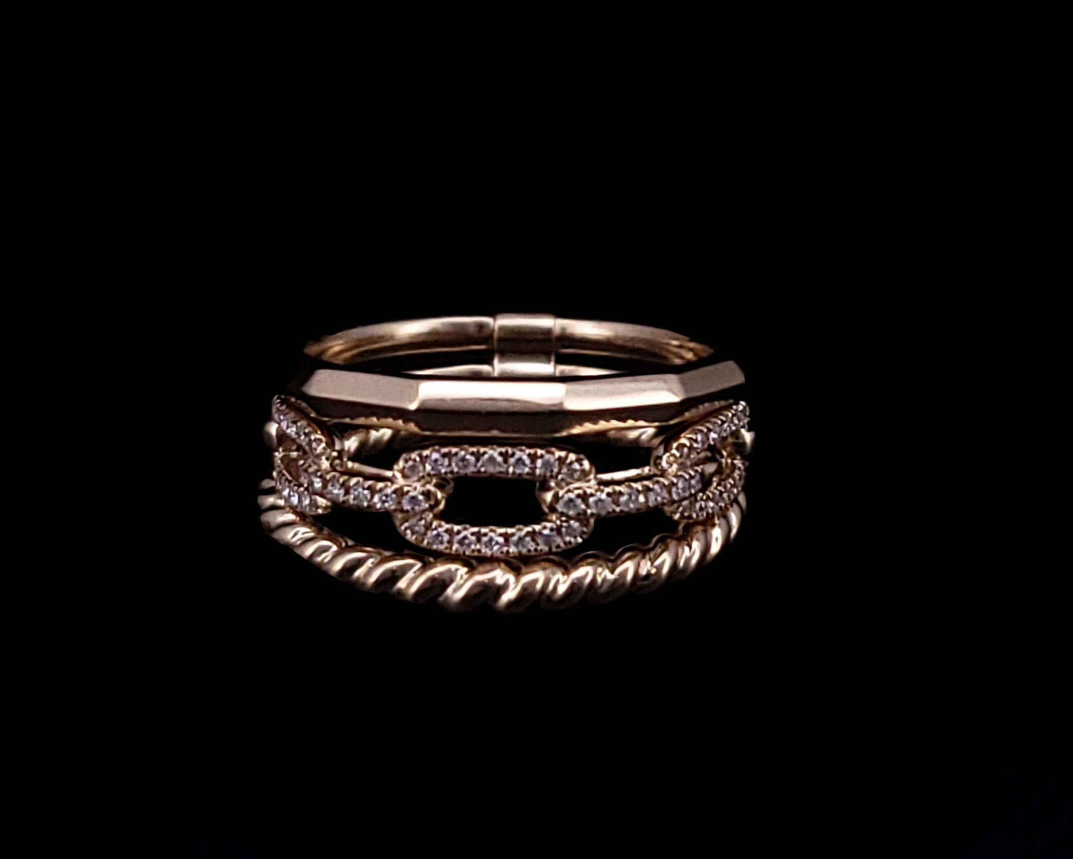 Brand David Yurman
Stax Three Row Ring
Stax Collection for Women
Material 18K Yellow Gold
Pave-set diamonds, 0.14 total carat weight
Ring Size 6.25
Ring Width 9.2 mm
Base of Shank 6mm
Condition New
Comes with David Yurman Ring Box
Retail Price $3500