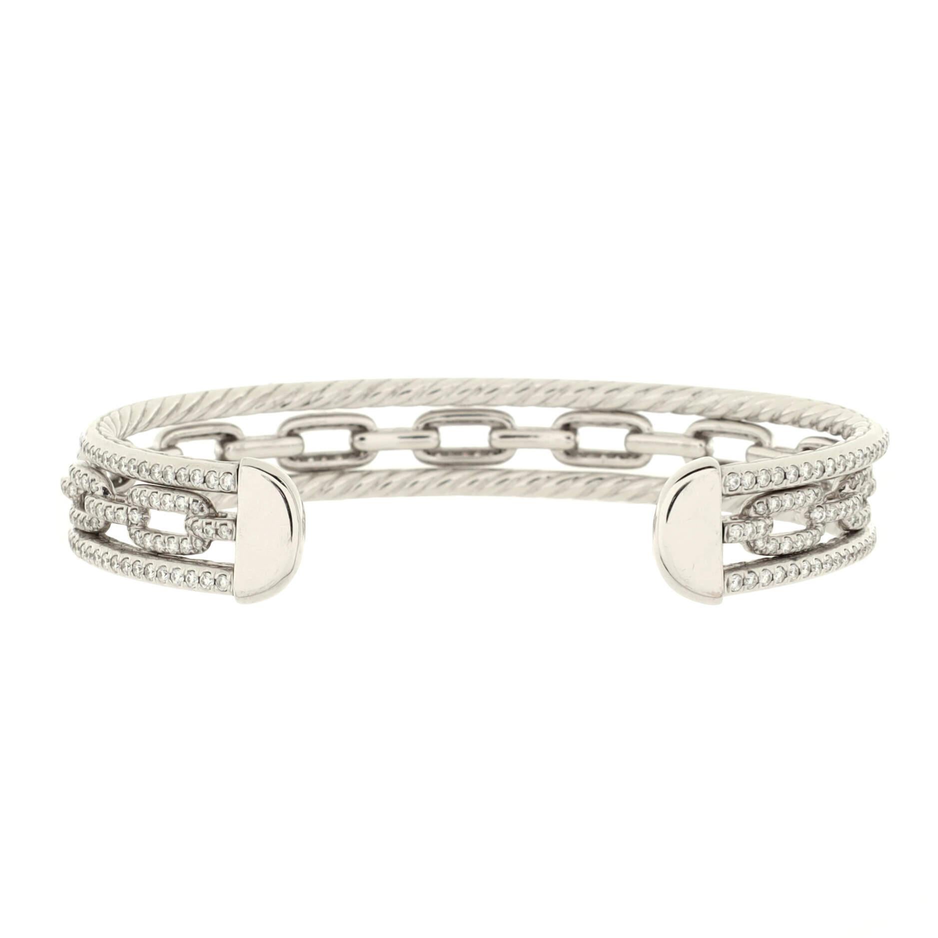David Yurman Stax Three Row Chain Link Cuff Bracelet 18K White Gold with  In Good Condition In New York, NY