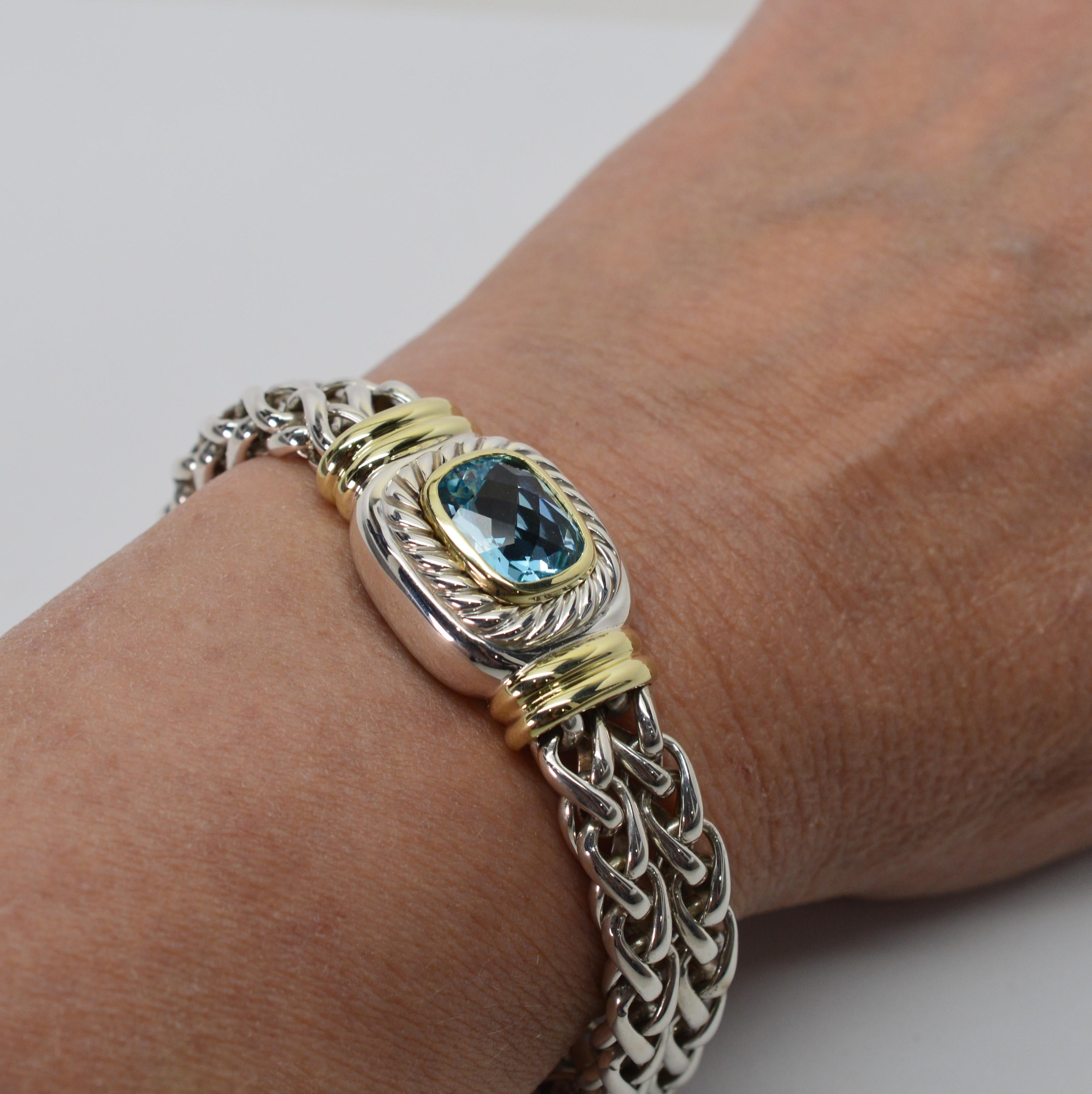 David Yurman Sterling 14 Karat Gold Double Wheat Chain Bracelet with Blue Topaz In Excellent Condition In Mount Kisco, NY