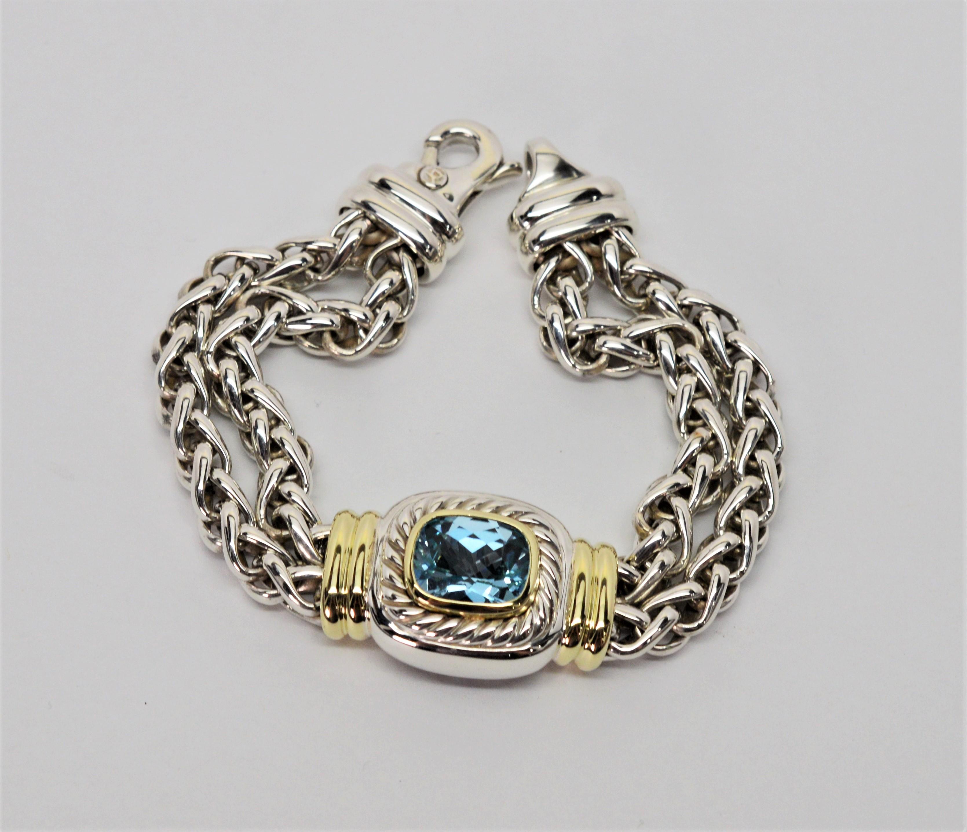 Women's David Yurman Sterling 14 Karat Gold Double Wheat Chain Bracelet with Blue Topaz