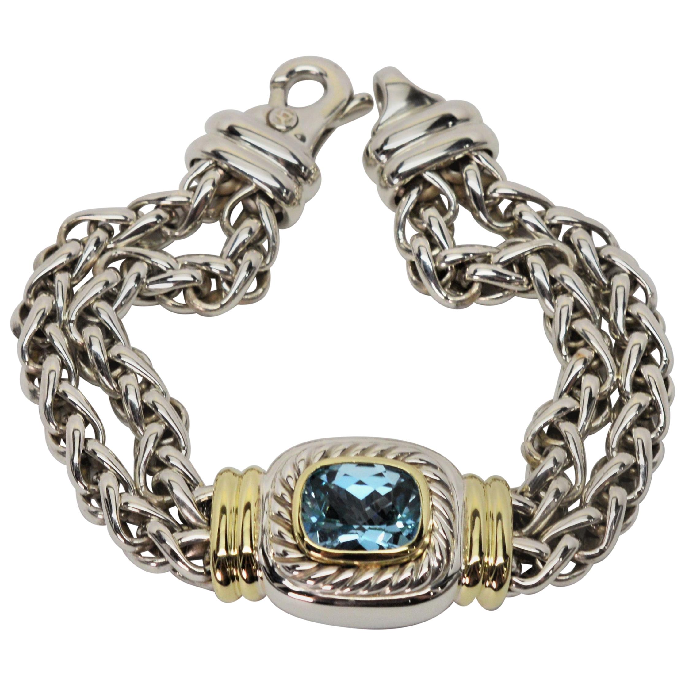 David Yurman Sterling 14 Karat Gold Double Wheat Chain Bracelet with Blue  Topaz
