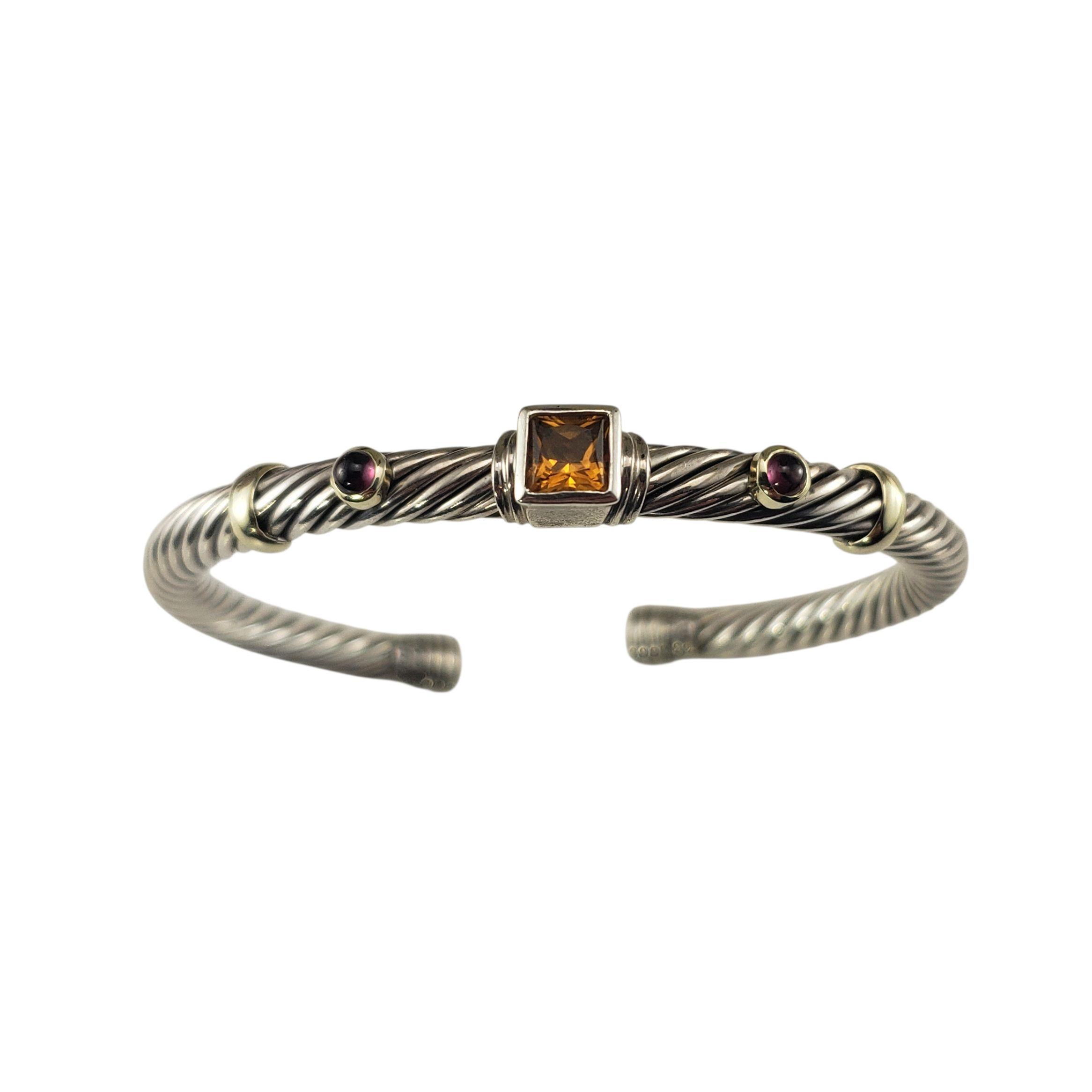 David Yurman Sterling Silver/14K Yellow Gold Citrine & Pink Tourmaline Cuff Bracelet-

This elegant David Yurman twisted cable cuff bracelet is crafted in sterling silver with 14K yellow gold accents. The design features two cabochon pink