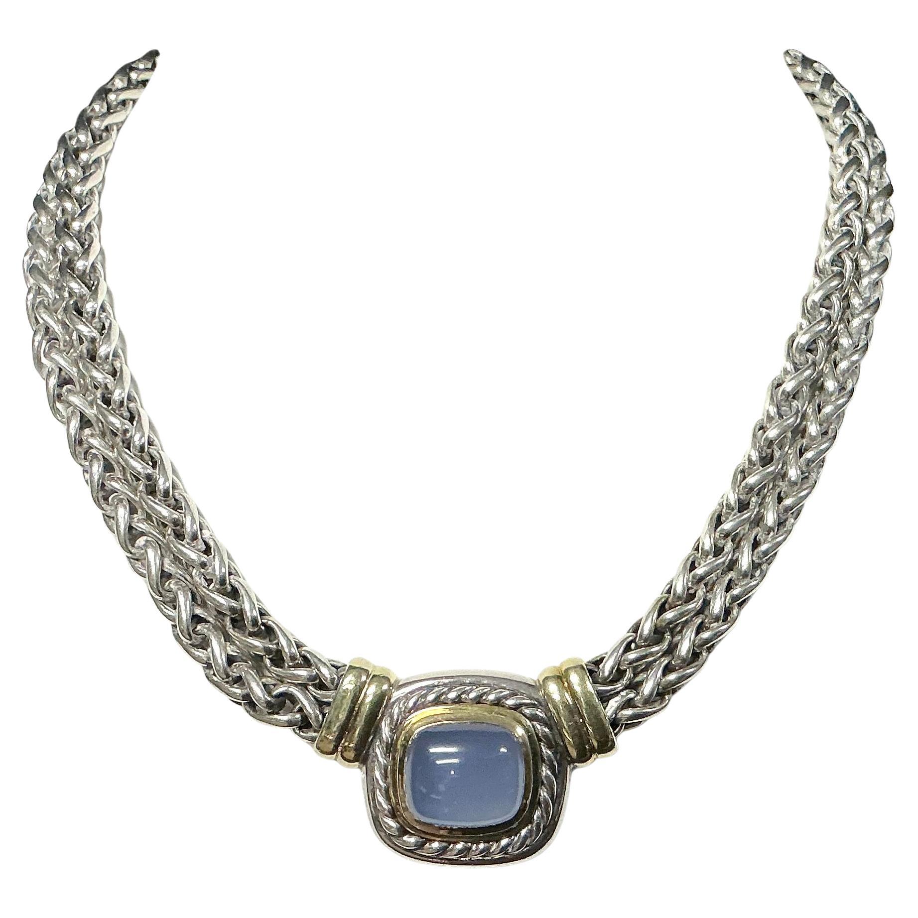 David Yurman Sterling and 14k Gold Double Strand Necklace with Chalcedony Stone