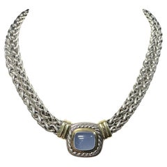 David Yurman Sterling and 14k Gold Double Strand Necklace with Chalcedony Stone