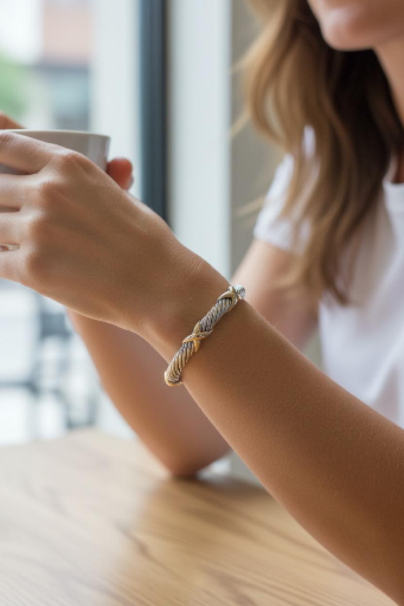 David Yurman Sterling 14K Yellow Gold Double X Cable Cuff Bracelet #24072 en venta 2