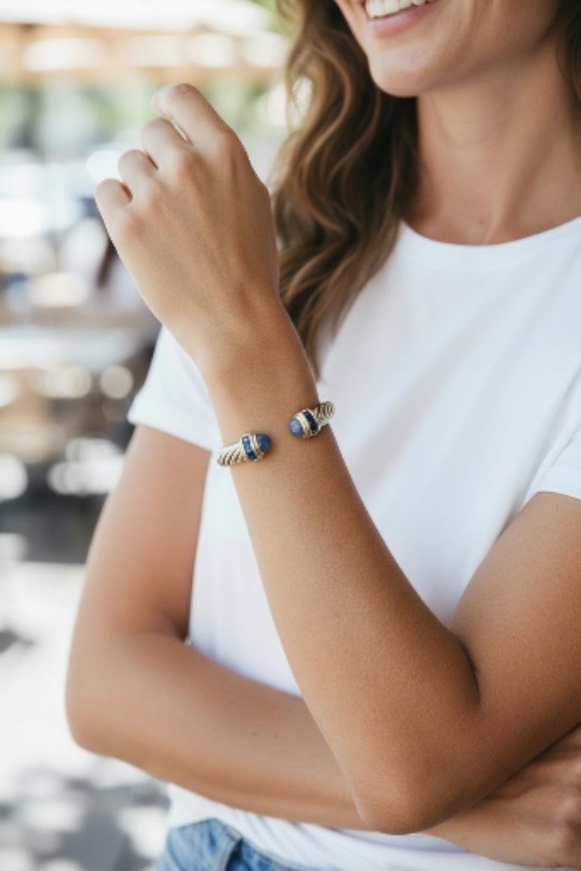 David Yurman Sterling 14K Yellow Gold Renaissance Cable Cuff Bracelet #24109 en vente 1