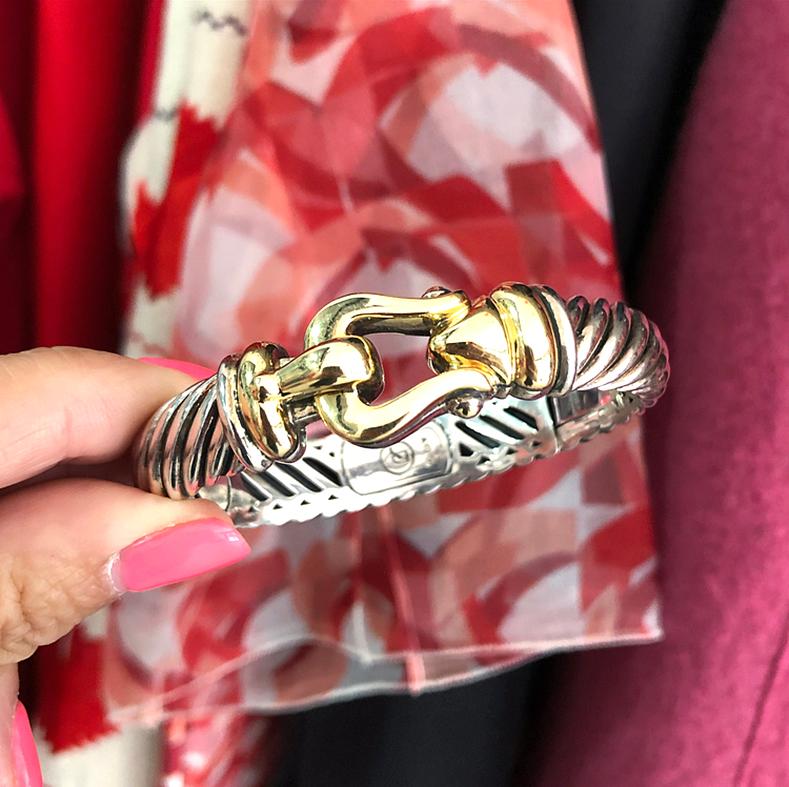 David Yurman Sterling 18k Gold Waverly Buckle Bracelet.  Hinged design with sterling silver body and 18k gold buckle face.  Band measures 11mm wide, buckle face measures 15mm, and interior circumference is 6.25