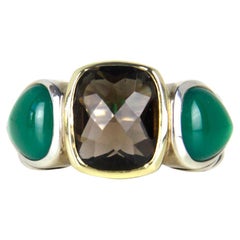 David Yurman Sterling & 18k Green Onyx & Smokey Quartz 3 Stone Ring 7