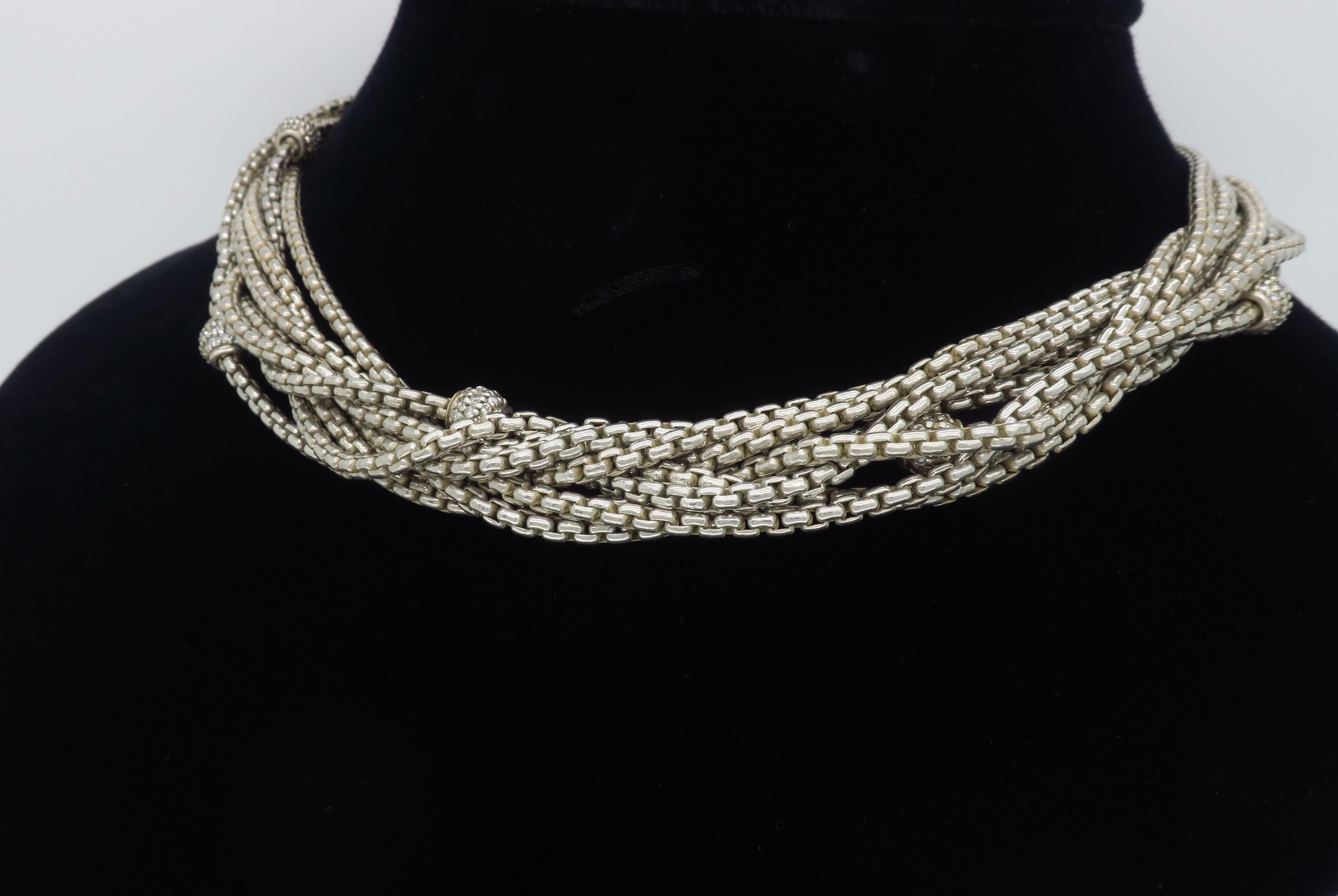 Round Cut David Yurman Sterling and 18 Karat Multi Strand Diamond Necklace