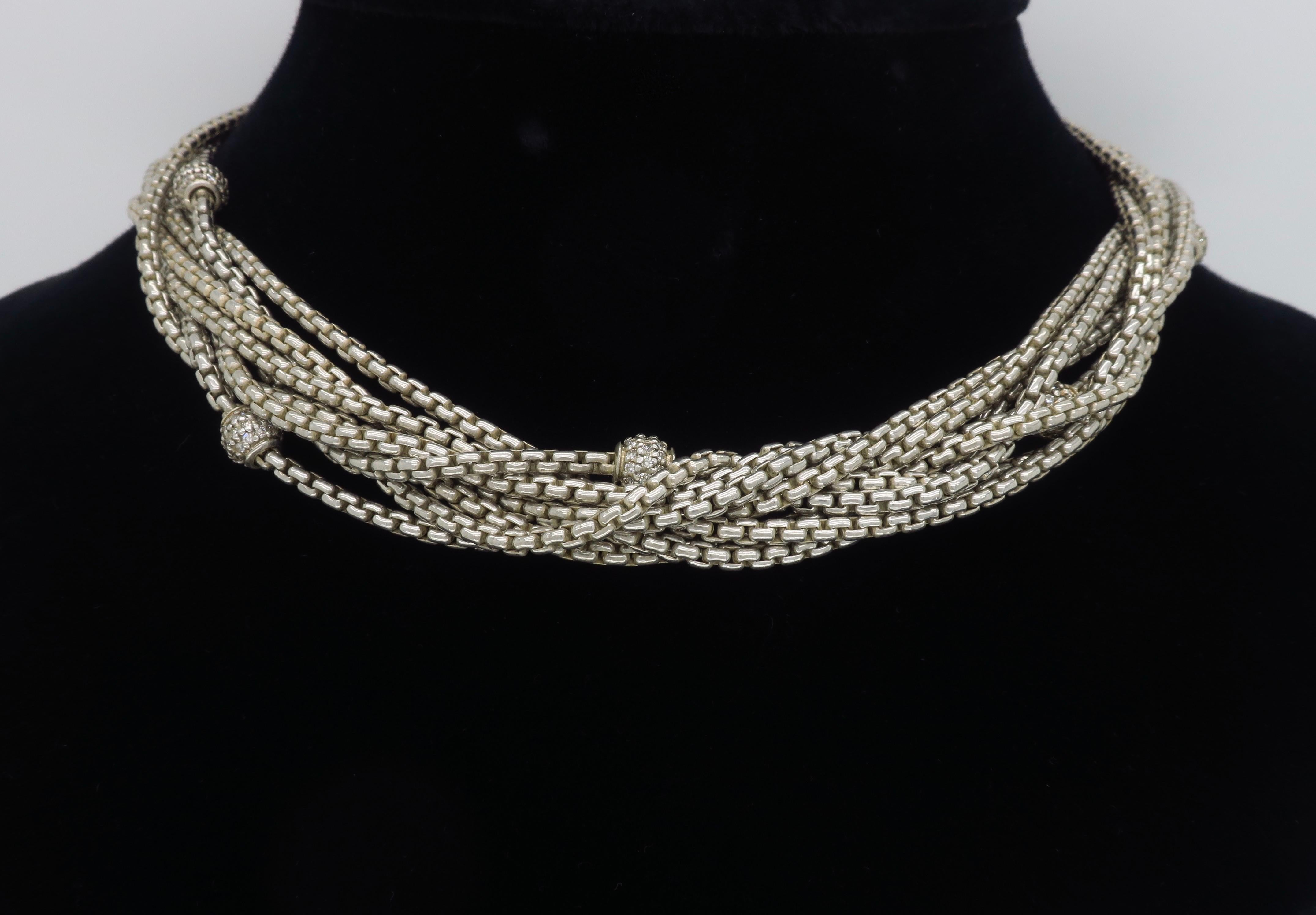 David Yurman Sterling and 18 Karat Multi Strand Diamond Necklace In Excellent Condition In Webster, NY