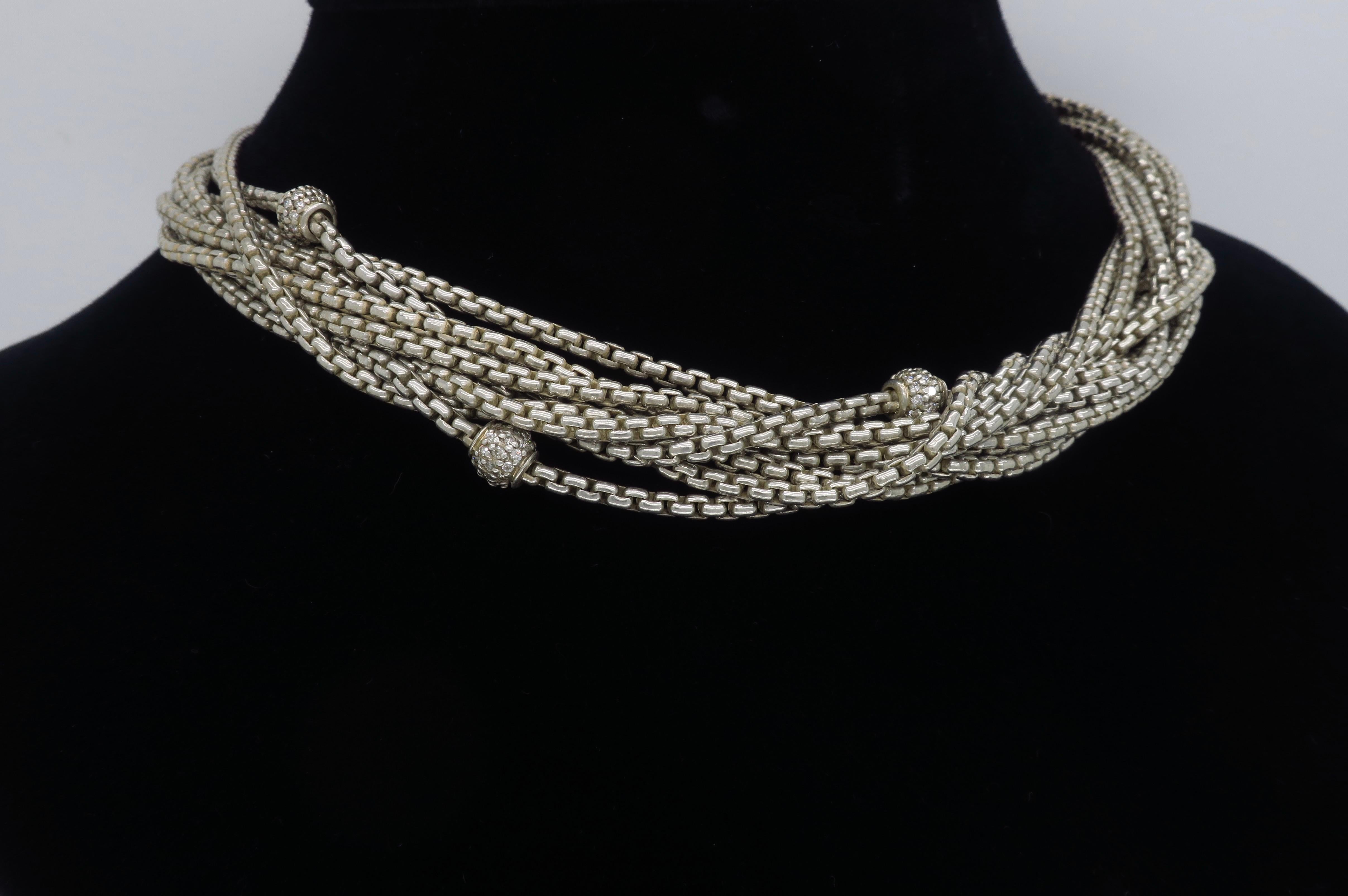 Women's or Men's David Yurman Sterling and 18 Karat Multi Strand Diamond Necklace