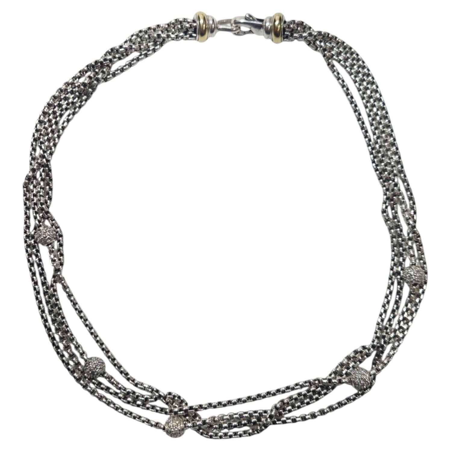 David Yurman Sterling 18k Yellow Gold 4 Strand Diamond Sphere Necklace #25227