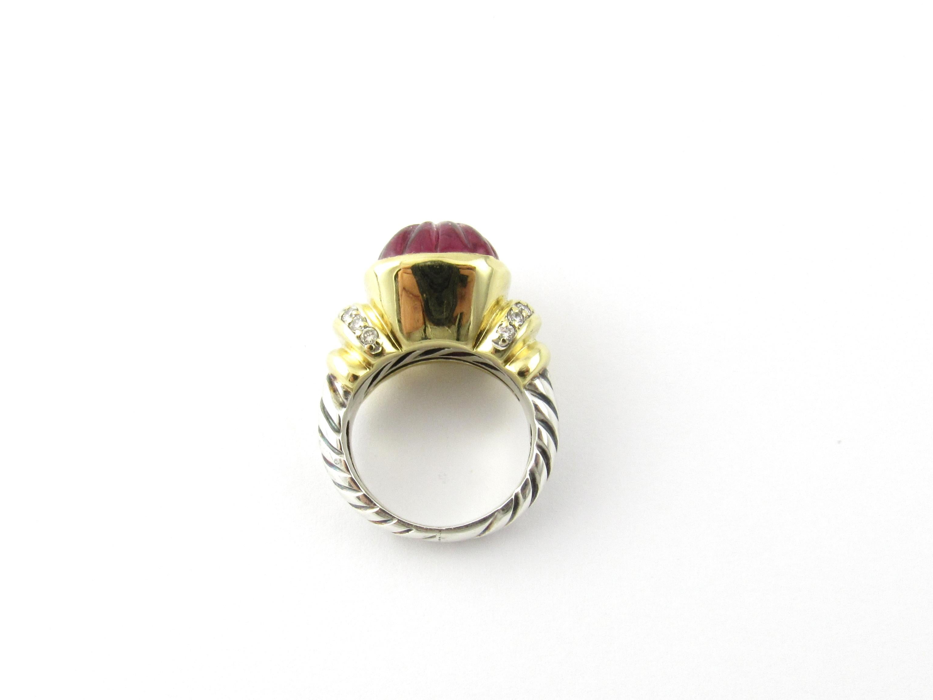 David Yurman Sterling 18 Karat Yellow Gold Carved Tourmaline Diamond Ring In Good Condition In Washington Depot, CT