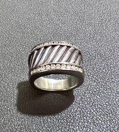 David Yurman Sterling and Diamond Cable Style Cigar Band Ring, Size 5.5