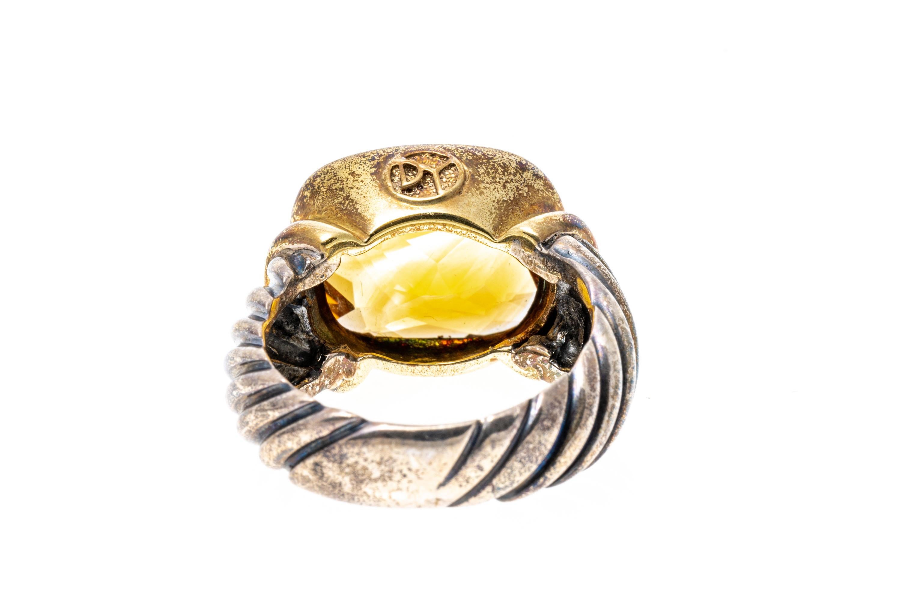 Contemporary David Yurman Sterling and Gold Rectangular Checkerboard Citrine Ring For Sale